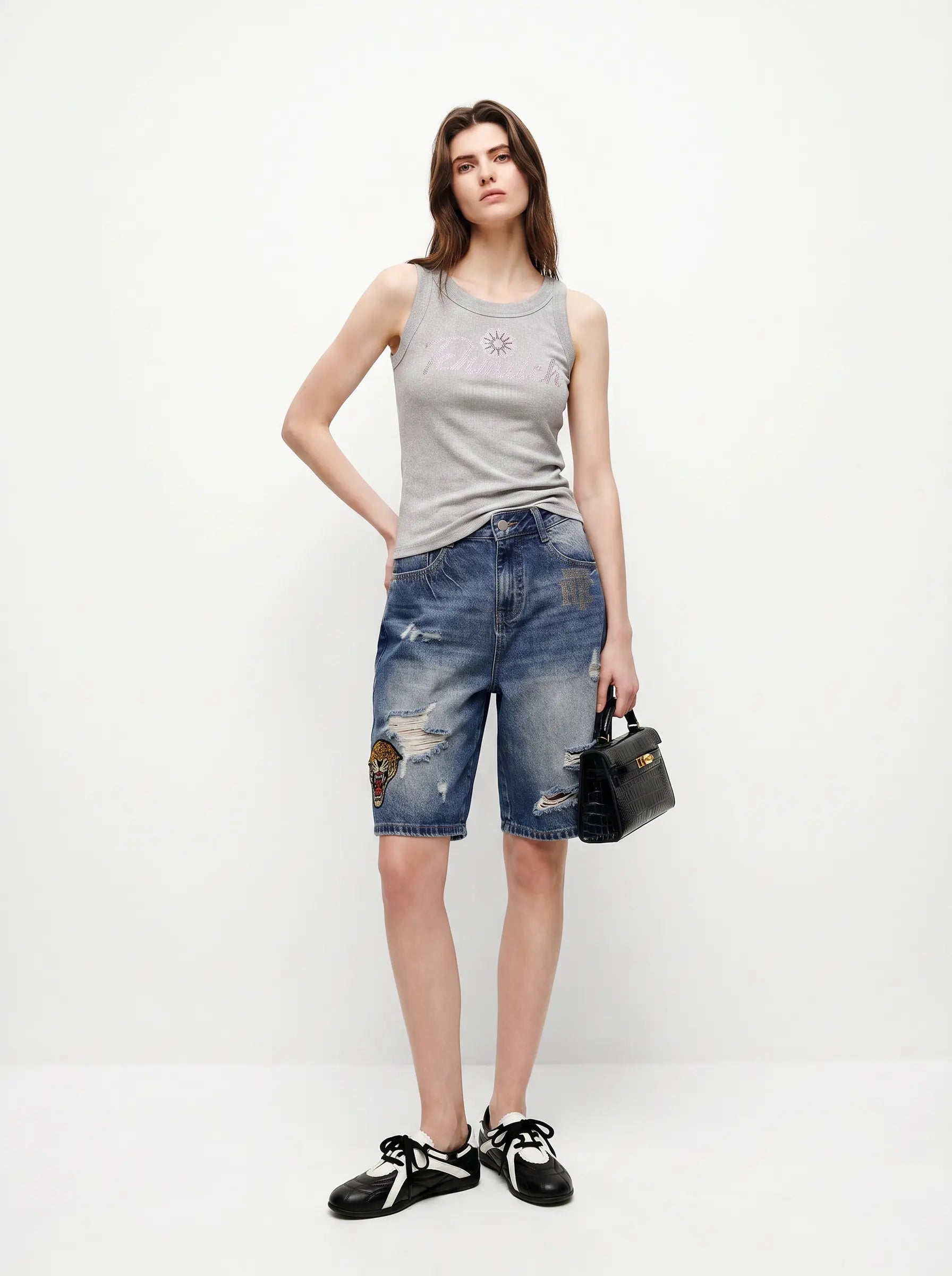 Woman wearing a gray tank top and blue denim shorts on a white background, TCH Rhinestone Signature Ribbed Tank Top