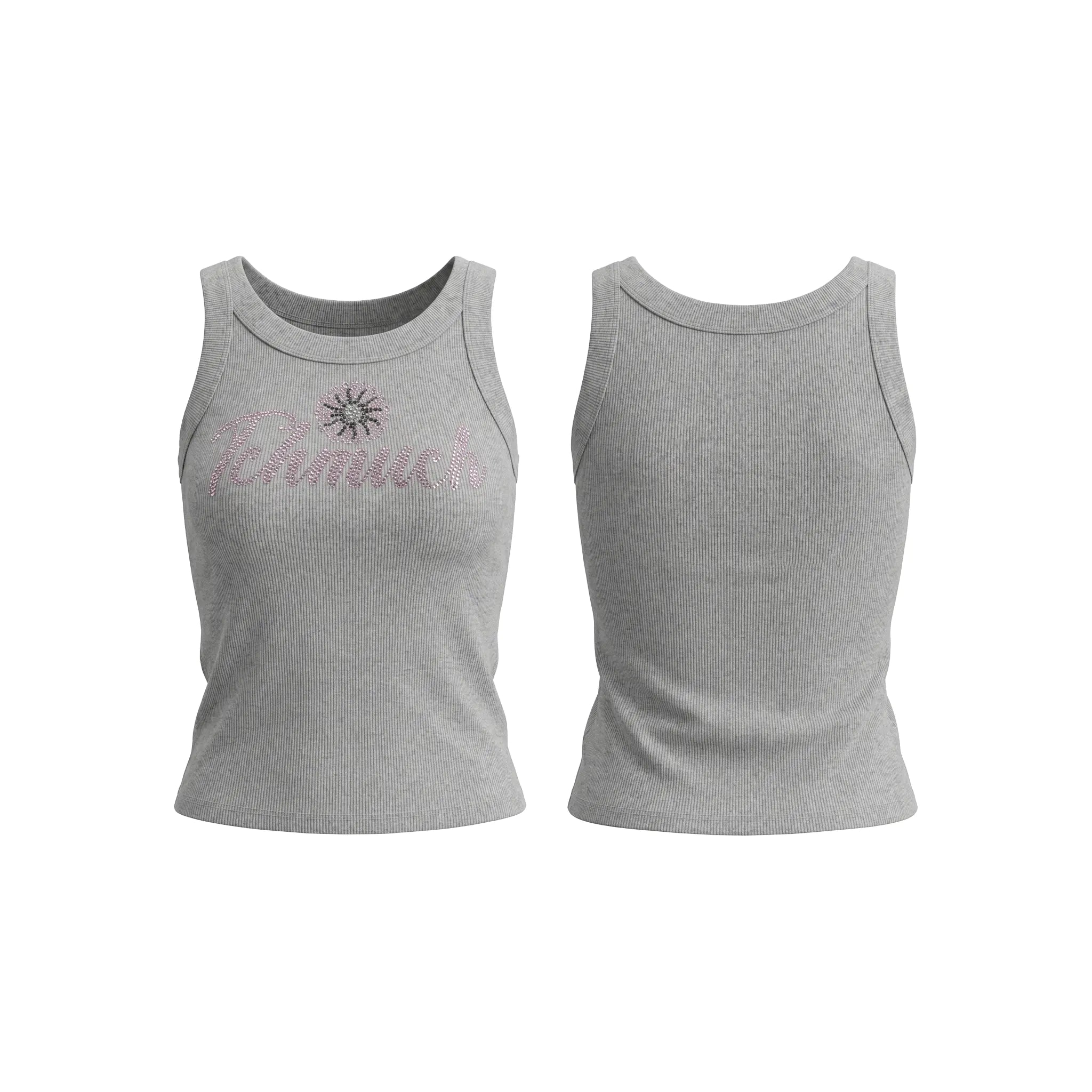Gray tank top with text and design on a white background, TCH Rhinestone Signature Ribbed Tank Top