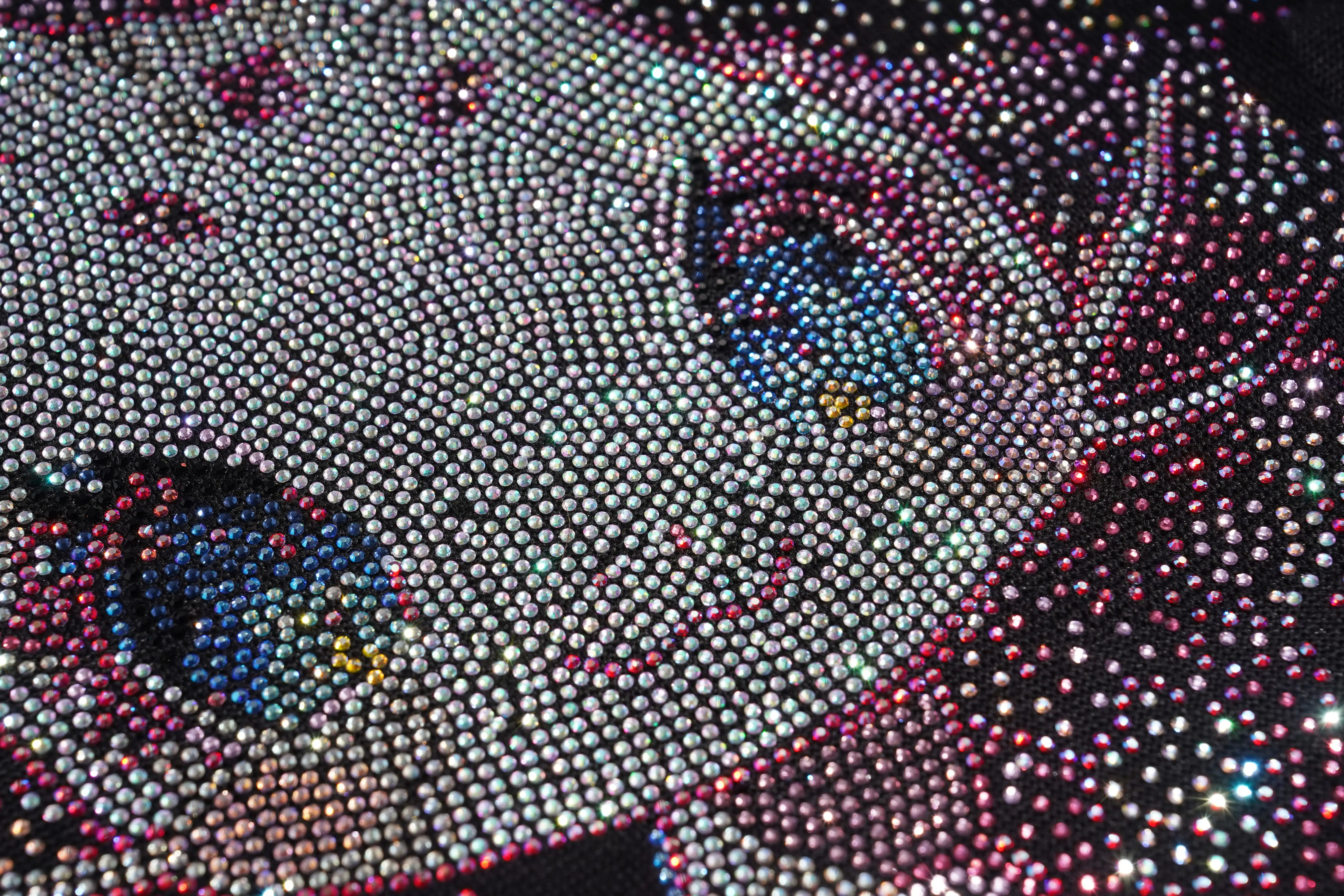 Close-up of a face made from small, multicolored beads. TCH Rhinestone Snake Black Crewneck Sweatshirt