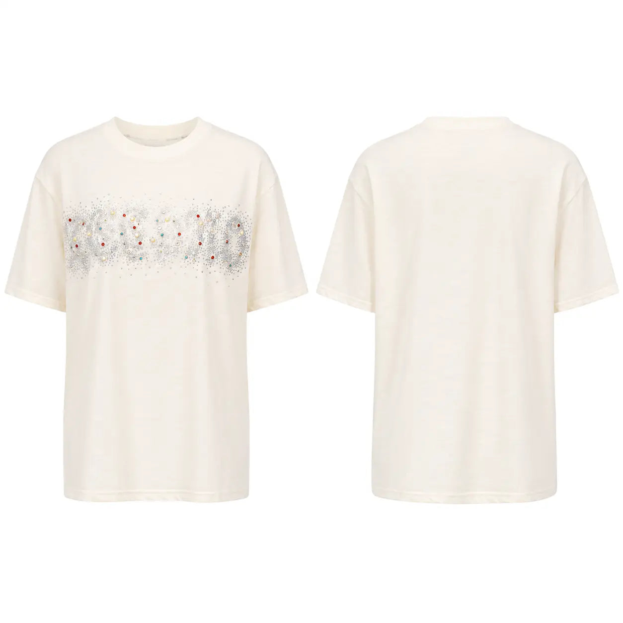 An off-white short-sleeve t-shirt shown from both the front and back. The front features a horizontal graphic with the word 'FASHION' in a distressed gray font, surrounded by small red and blue star-like sparkles. TCH Rhinestone Sparkle Crystal Graphic White T-Shirt
