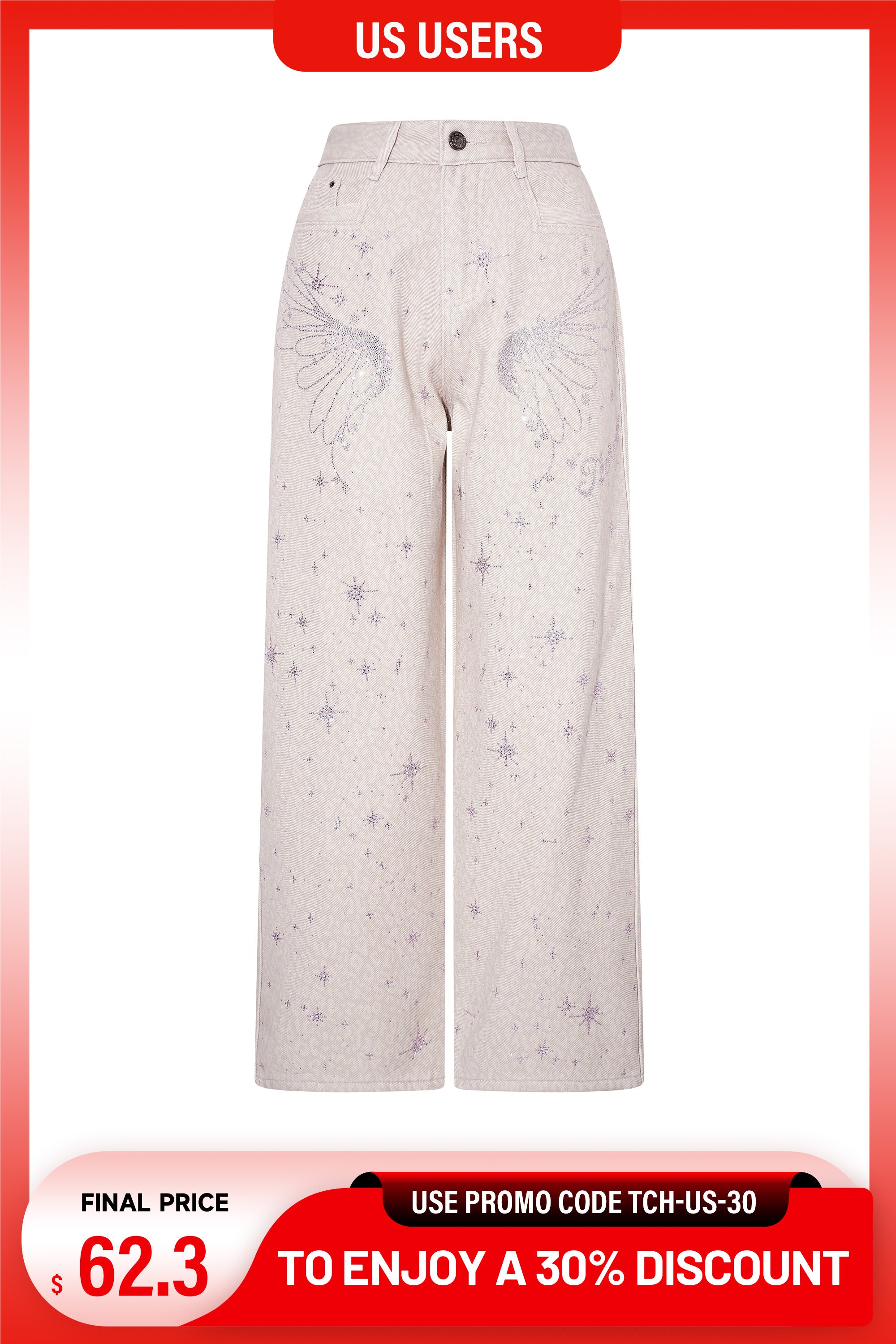 White pants with star pattern on a white background, promotional banner at the bottom. TCH Rhinestone Star & Angel Wings Beige Denim Jeans