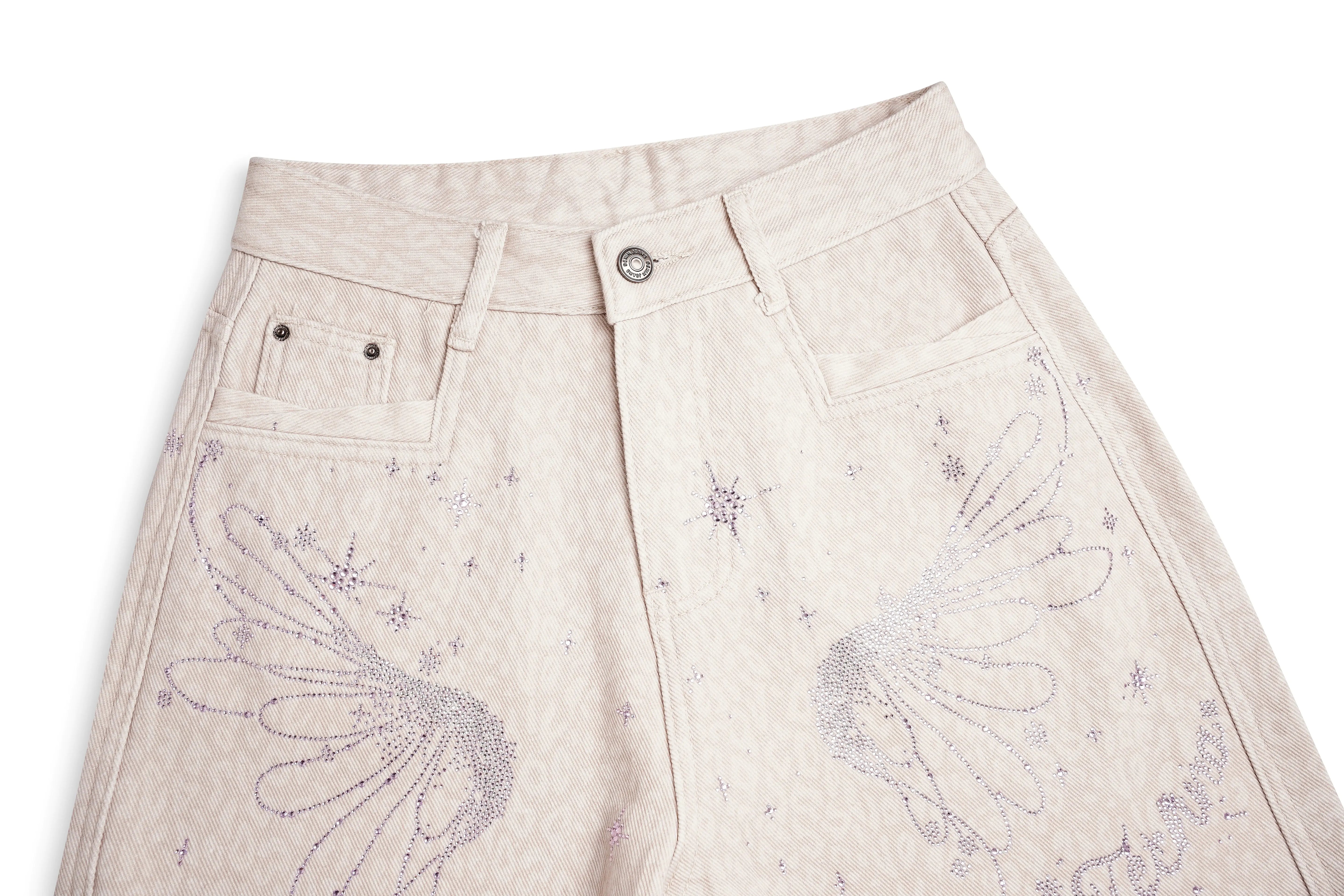 Beige pants with butterfly embroidery on a white background, TCH Rhinestone Star & Angel Wings Beige Denim Jeans