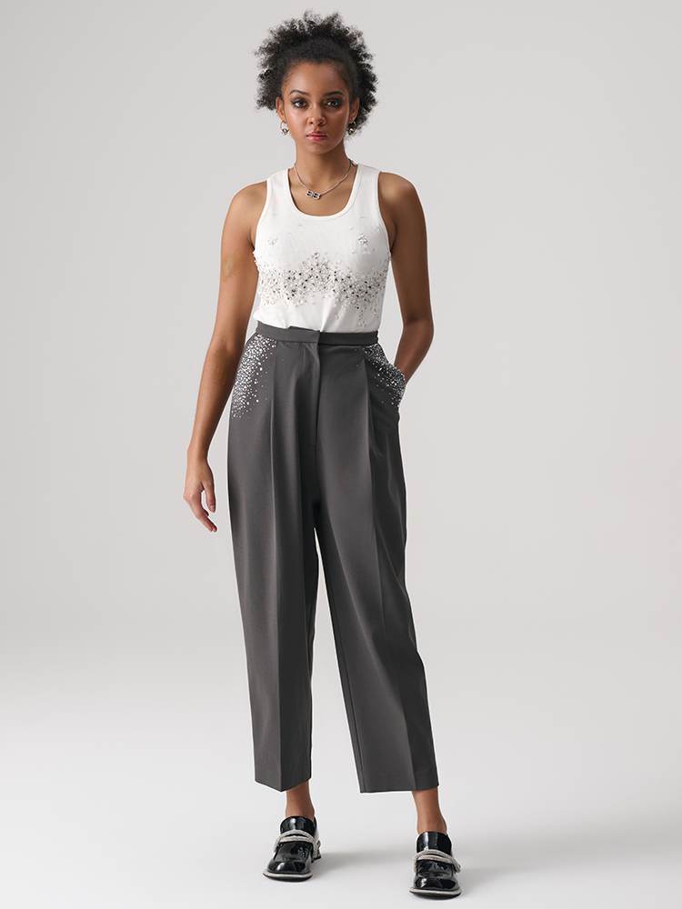tch rhinestone straight pleated trousers black HighEnd Luxury Streetwear Brand Official Showcase