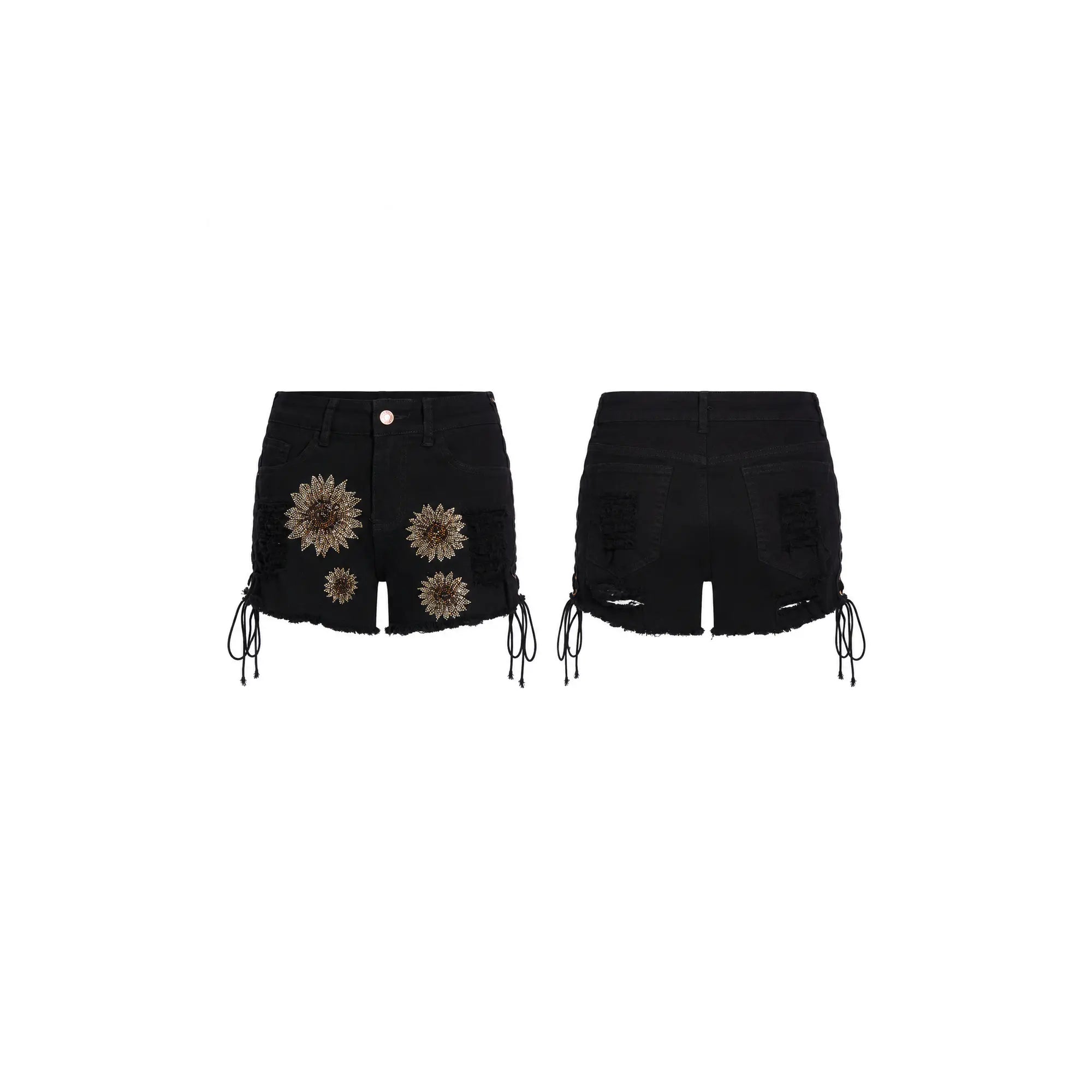 Silver ring with small diamonds on a white background, TCH Rhinestone Sunflower Distressed Denim Shorts