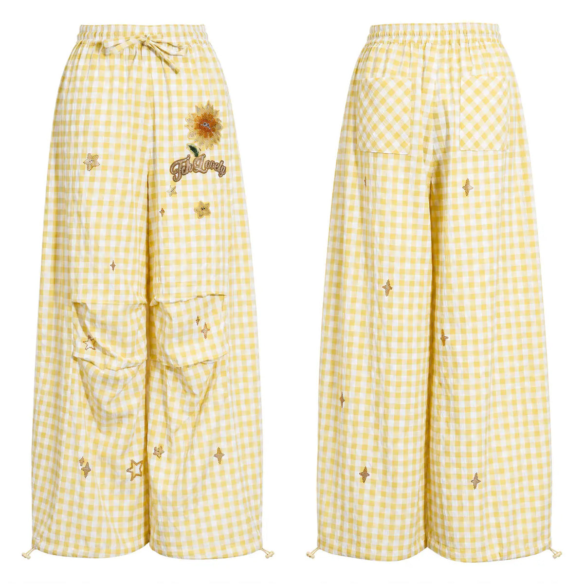 Yellow and white gingham wide-leg cargo pants shown from both front and back views. The front features a drawstring waist, a sunflower patch, and embroidered stars, while the back shows two large patch pockets. TCH Rhinestone Sunflower Gingham Cargo Wide-Leg Pants