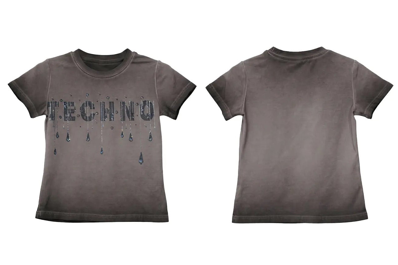 A dark gray short-sleeve t-shirt shown from both the front and back views against a plain white background. The front features a distressed, faded graphic reading 'TECHNO' with 'BETTER' underneath. TCH Rhinestone TECHNO Graphic Washed T-Shirt