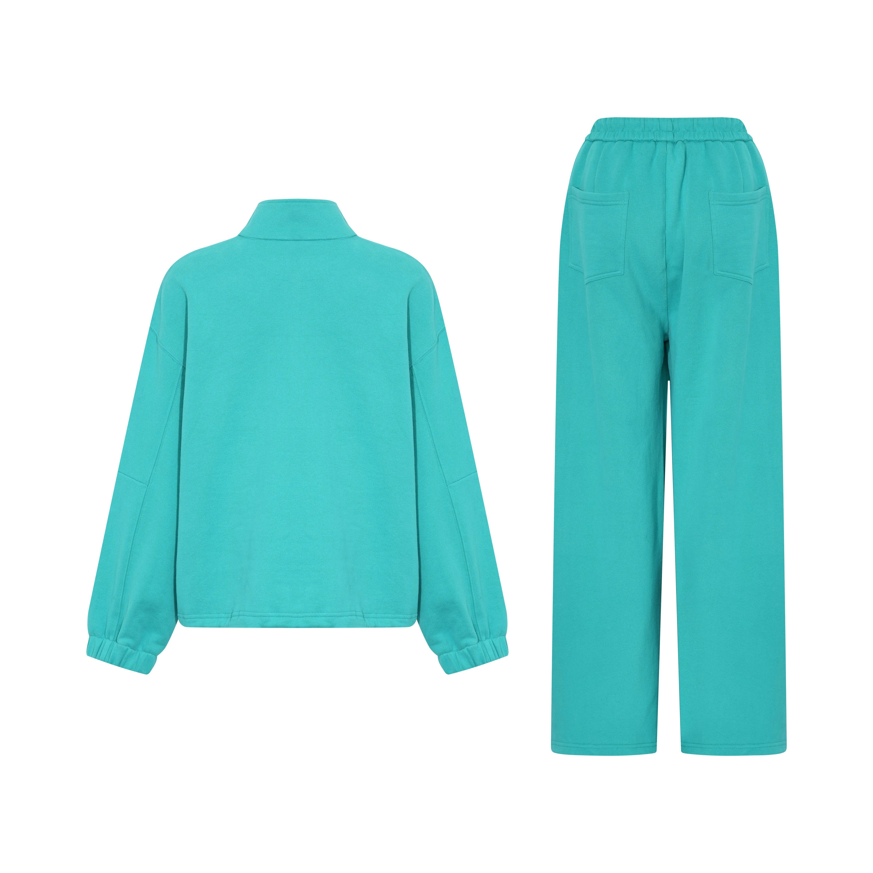 Teal jacket and pants set on a white background, TCH Rhinestone “Tchmuch” Logo & Wings Teal Zip Tracksuit Set