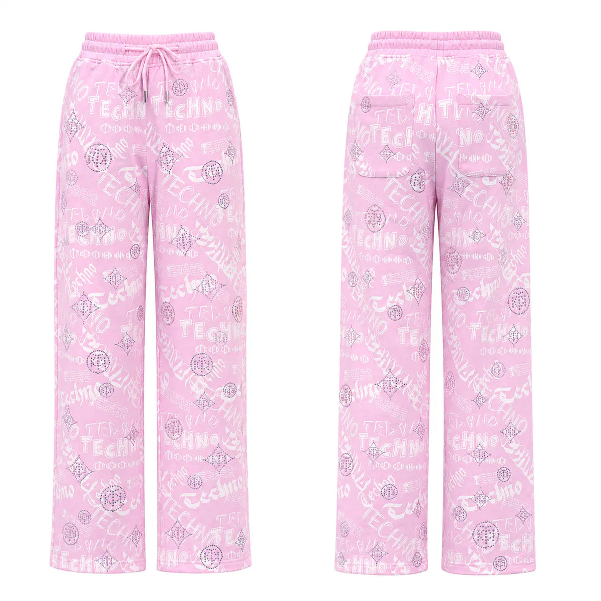 Front and back views of pink wide-leg lounge pants featuring an all-over light gray 'Tech University' text and logo pattern, with an elastic drawstring waist and side pockets. TCH Rhinestone Techno Graphic Wide-Leg Sweatpants
