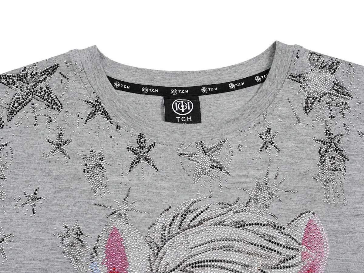 Close-up of a heather gray short-sleeve top with rhinestone starfish prints and a unicorn design on the front, featuring a black neck label with TCH branding. TCH Rhinestone Techno Unicorn Graphic T-Shirt