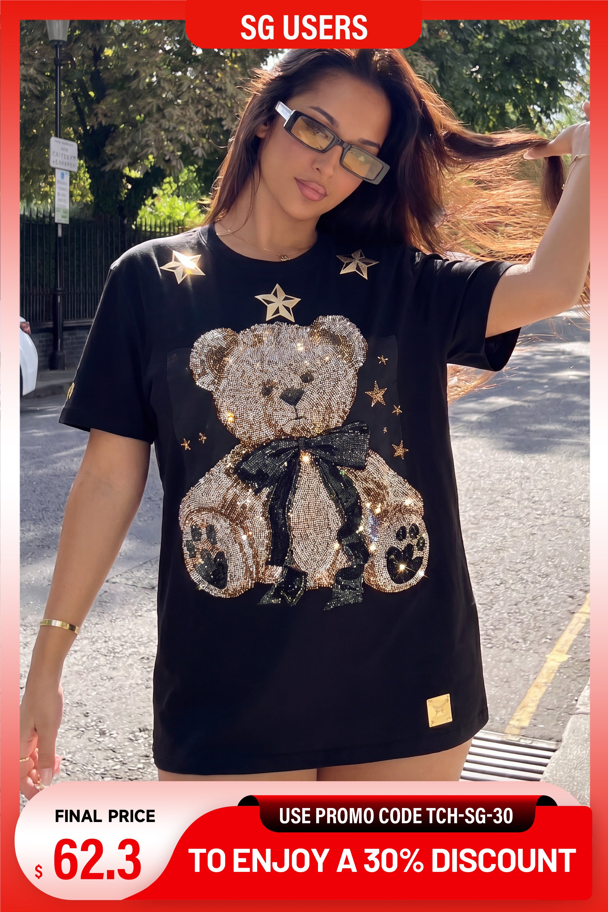 TCH Rhinestone Teddy Bear Black T-Shirt