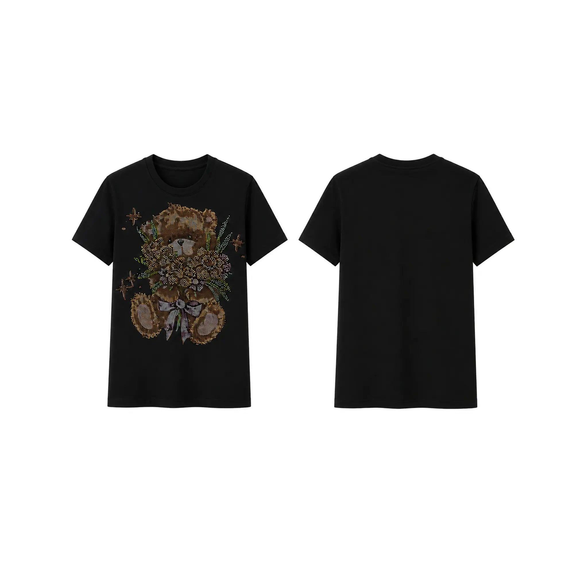 Black t-shirt with a teddy bear design on a white background, TCH Rhinestone Teddy Bear Bouquet Black T-Shirt