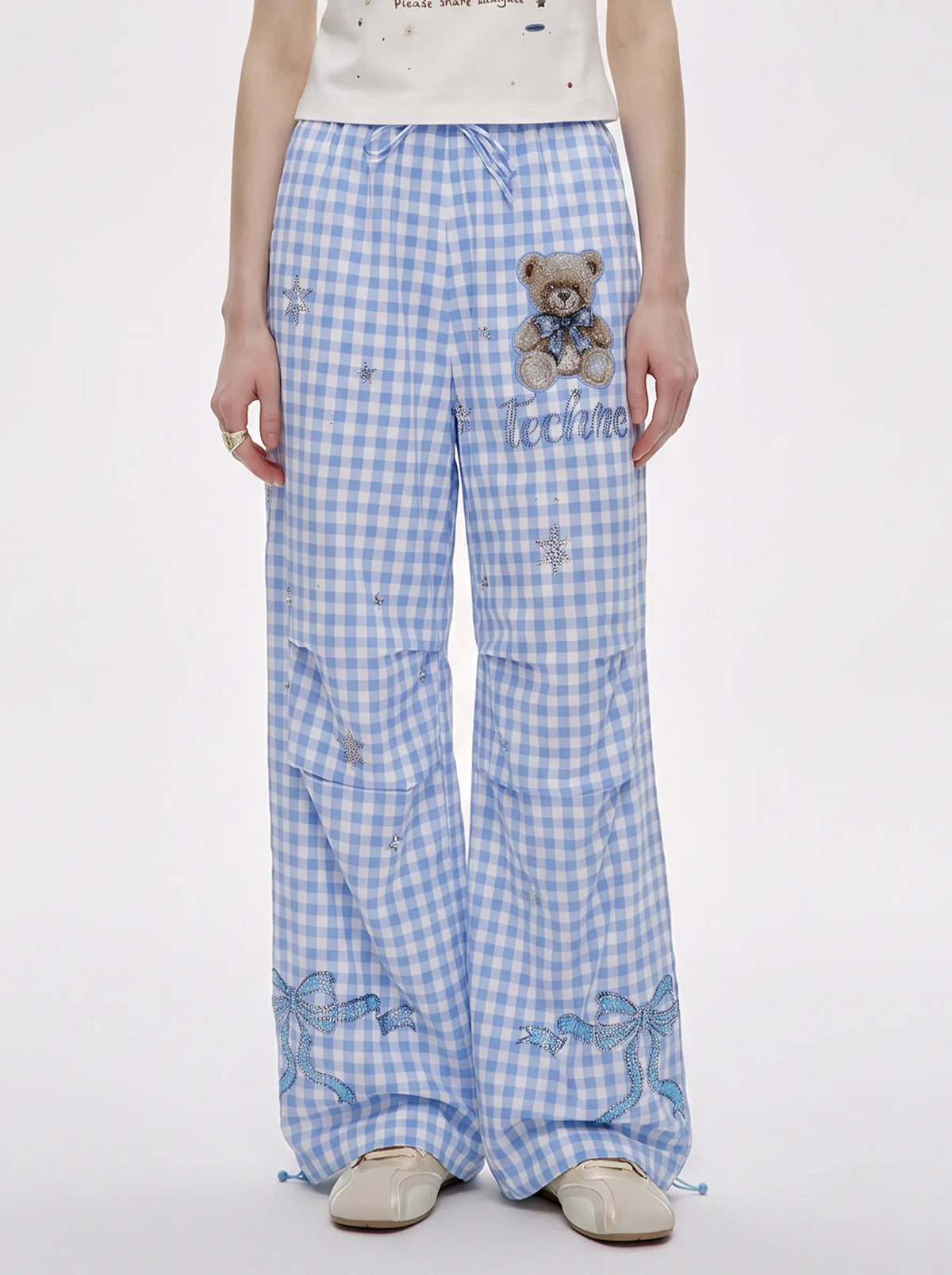 TCH Rhinestone Teddy Bear Bow Gingham Wide-Leg Pants