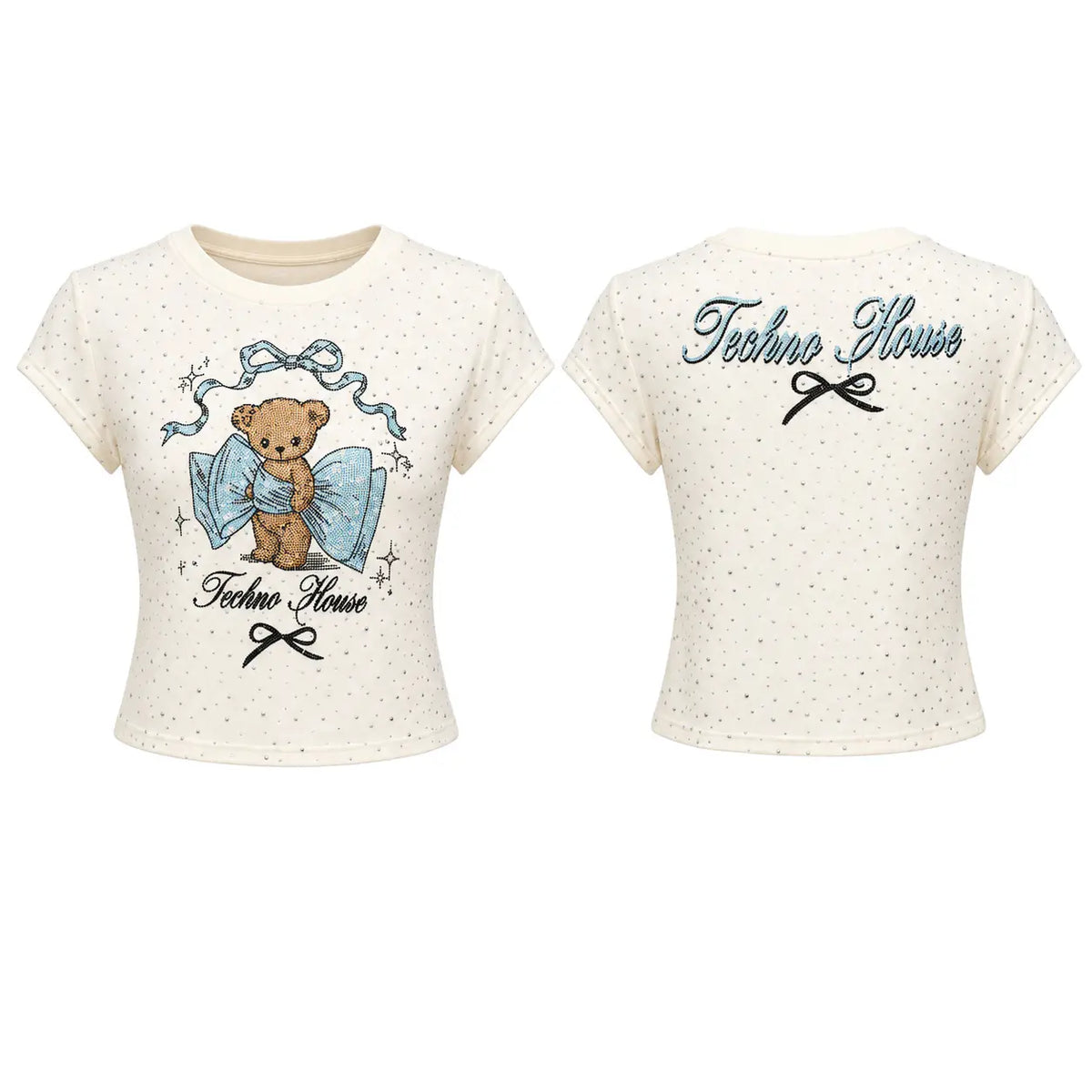 Front and back views of a short-sleeve cream-colored t-shirt with tiny dark speckles. The front features a graphic of a brown teddy bear holding a light blue bow, with the text 'Techno House' in black script. TCH Rhinestone Teddy Bear Bow Graphic Cropped T-Shirt