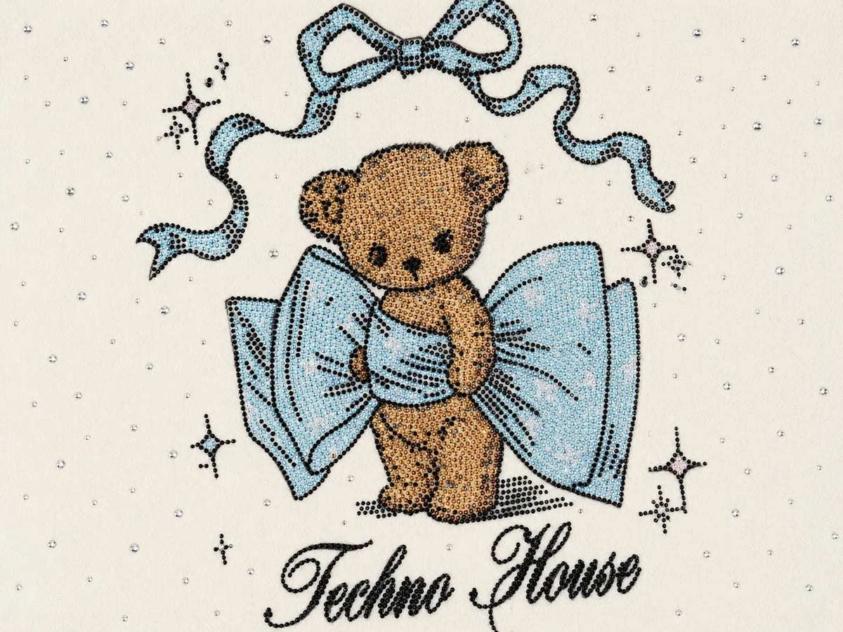A vintage-style teddy bear illustration with a large light blue bow, set on a cream dotted background with the text 'Techno House' below. TCH Rhinestone Teddy Bear Bow Graphic Cropped T-Shirt