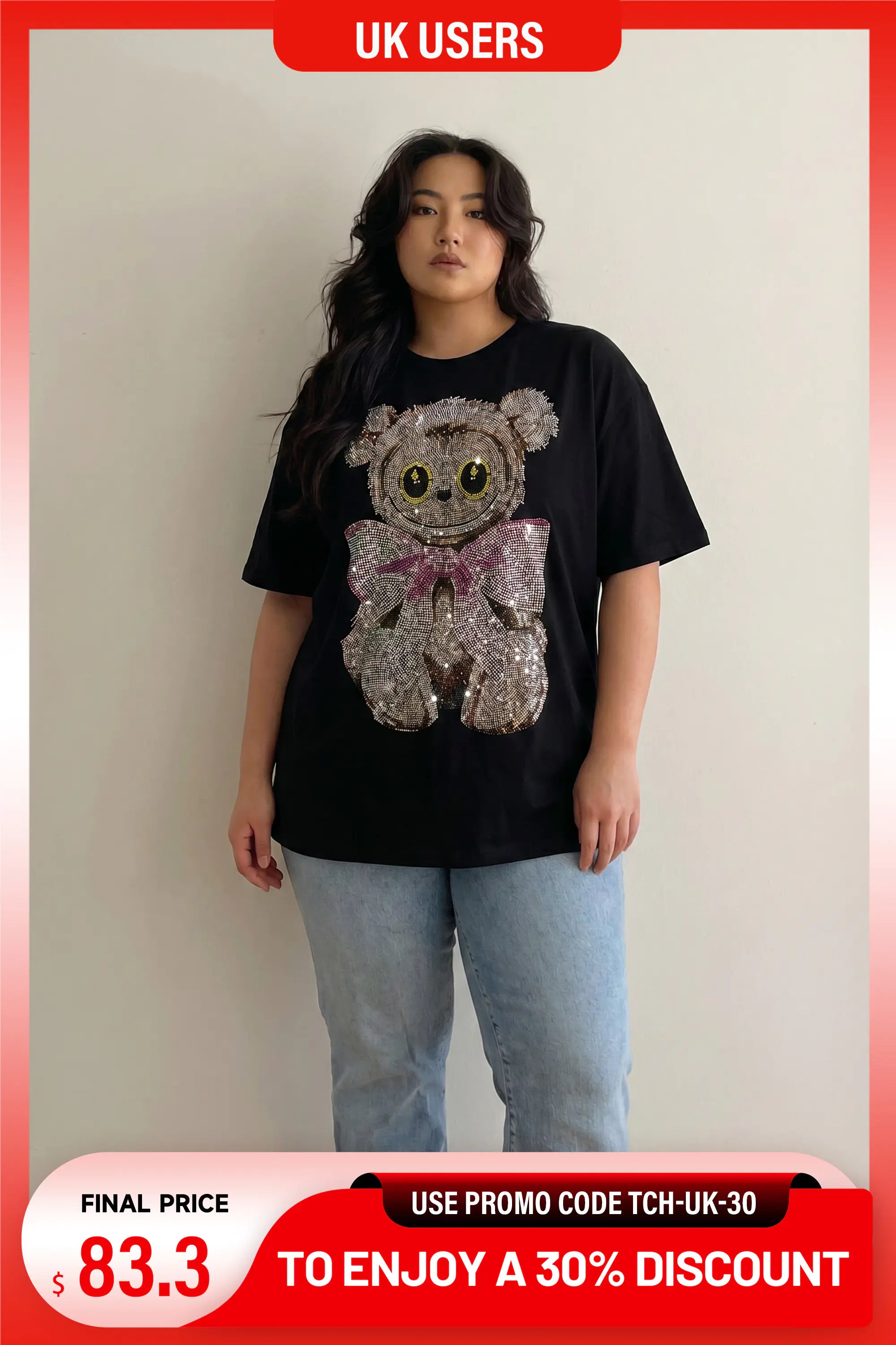 TCH Rhinestone Teddy Bear Bow Graphic Oversized Black T-Shirt Luxury Streetwear Brand Official Showcase