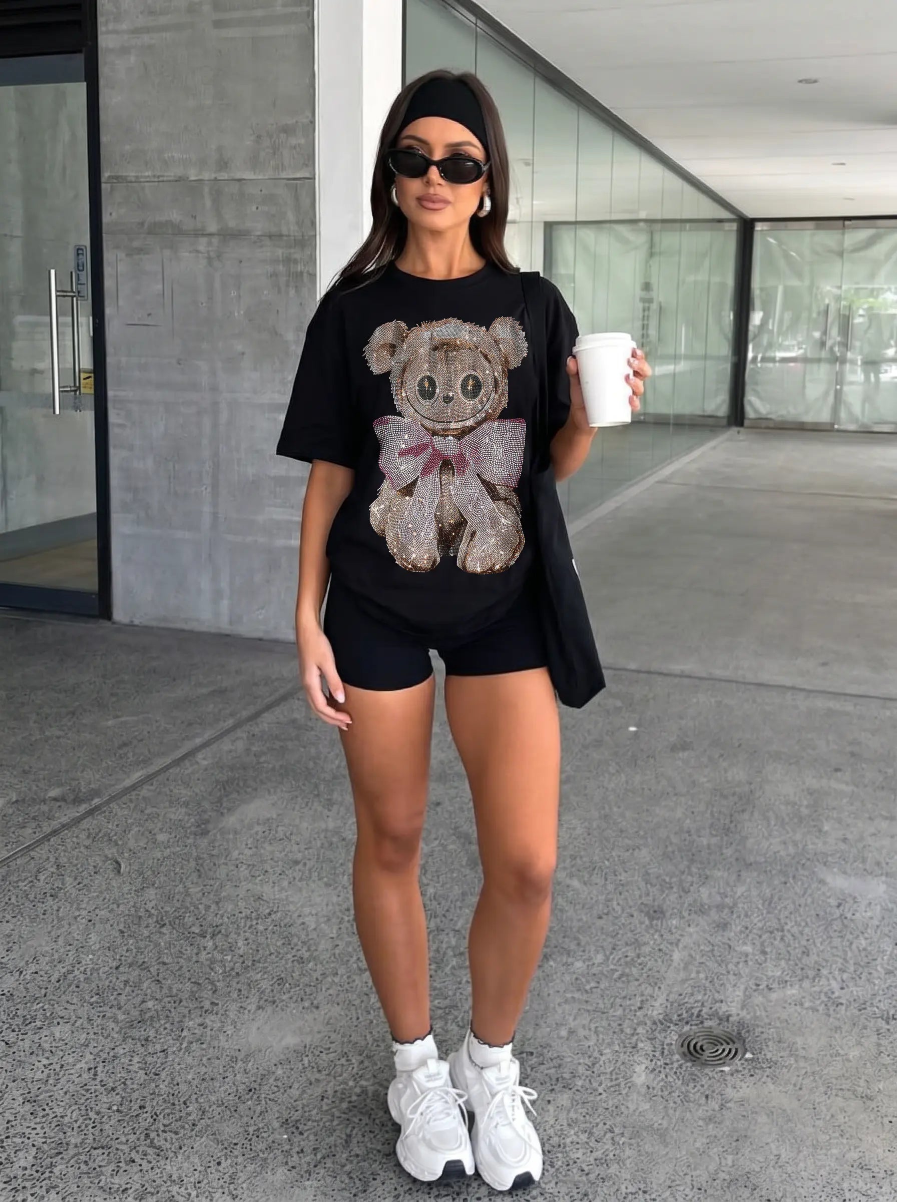 TCH Rhinestone Teddy Bear Bow Graphic Oversized Black T-Shirt Luxury Streetwear Brand Official Showcase