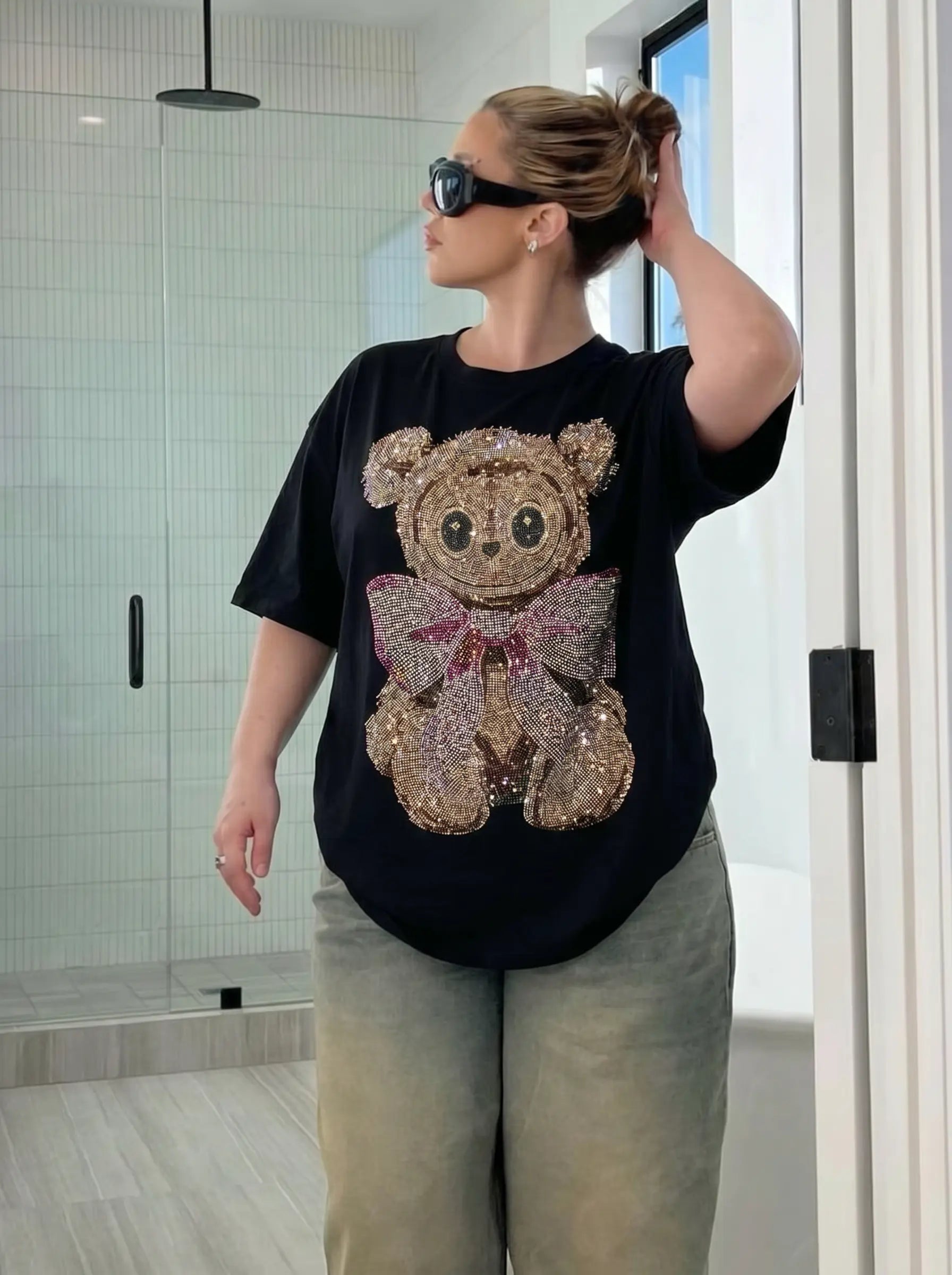 TCH Rhinestone Teddy Bear Bow Graphic Oversized Black T-Shirt Luxury Streetwear Brand Official Showcase