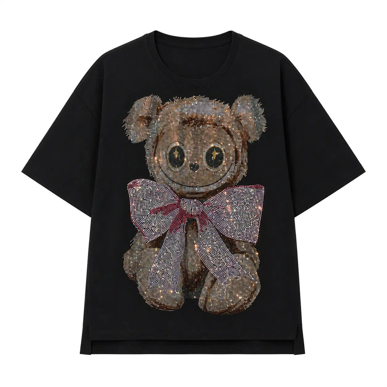 A black short-sleeve t-shirt featuring a large, sequined teddy bear graphic on the front. The bear is textured with gold and silver sequins and wears a sparkling purple bow with red accents. TCH Rhinestone Teddy Bear Bow Graphic Oversized Black T-Shirt