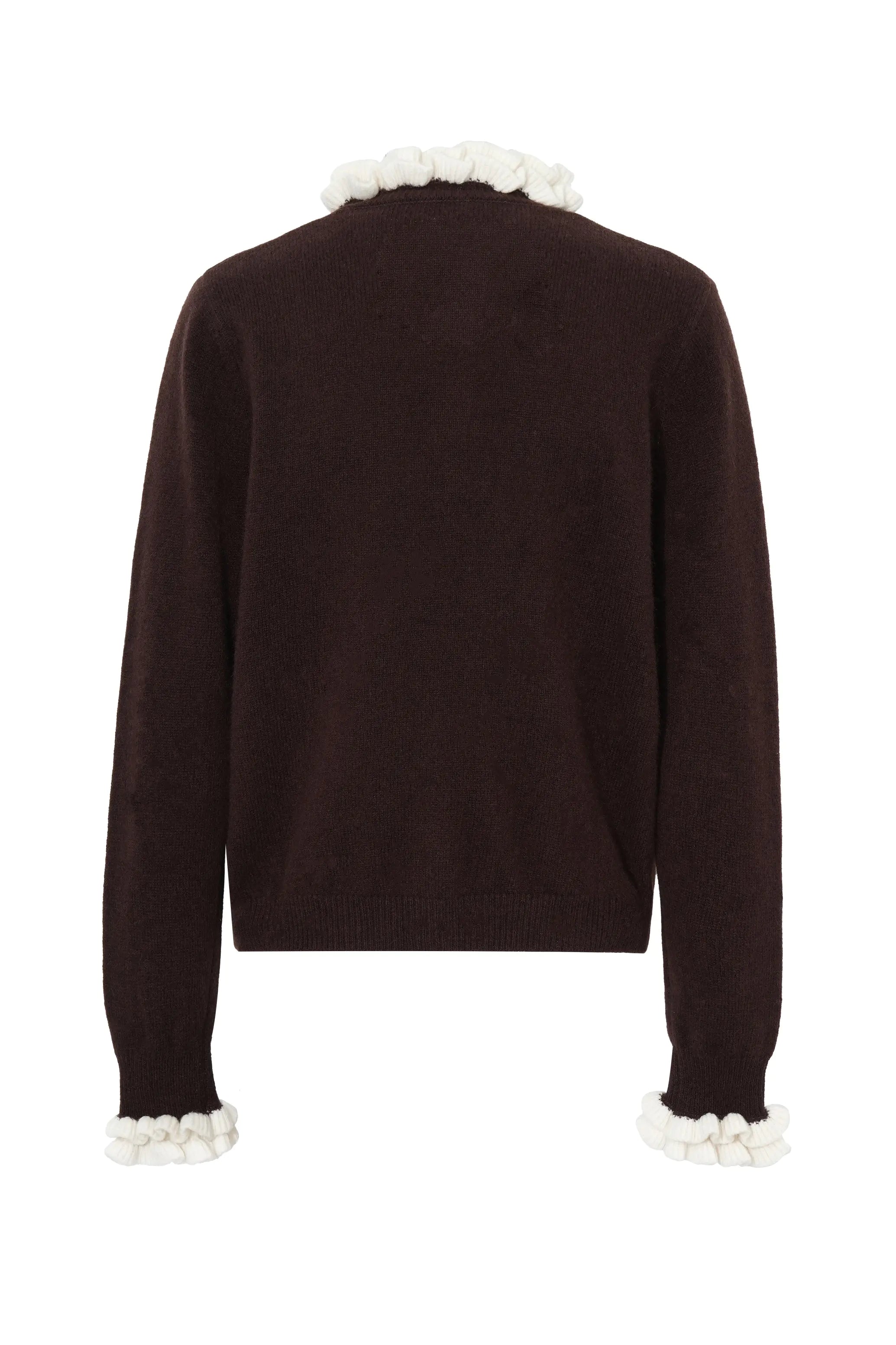A dark brown knit sweater shown from the back, featuring white pom-pom trim along the collar and cuffs, set against a plain white background. TCH Rhinestone Teddy Bear Bow Ruffle Knit Cardigan