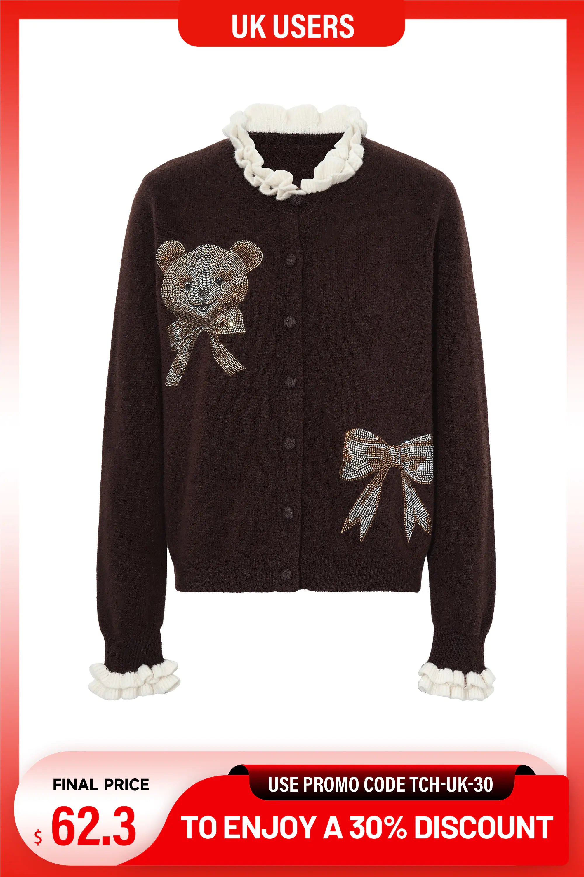 A dark brown button-up cardigan sweater with white ruffled trim at the collar and cuffs, featuring a teddy bear motif and bow embellishments on the front. The image includes promotional text banners at the top and bottom. TCH Rhinestone Teddy Bear Bow Ruffle Knit Cardigan