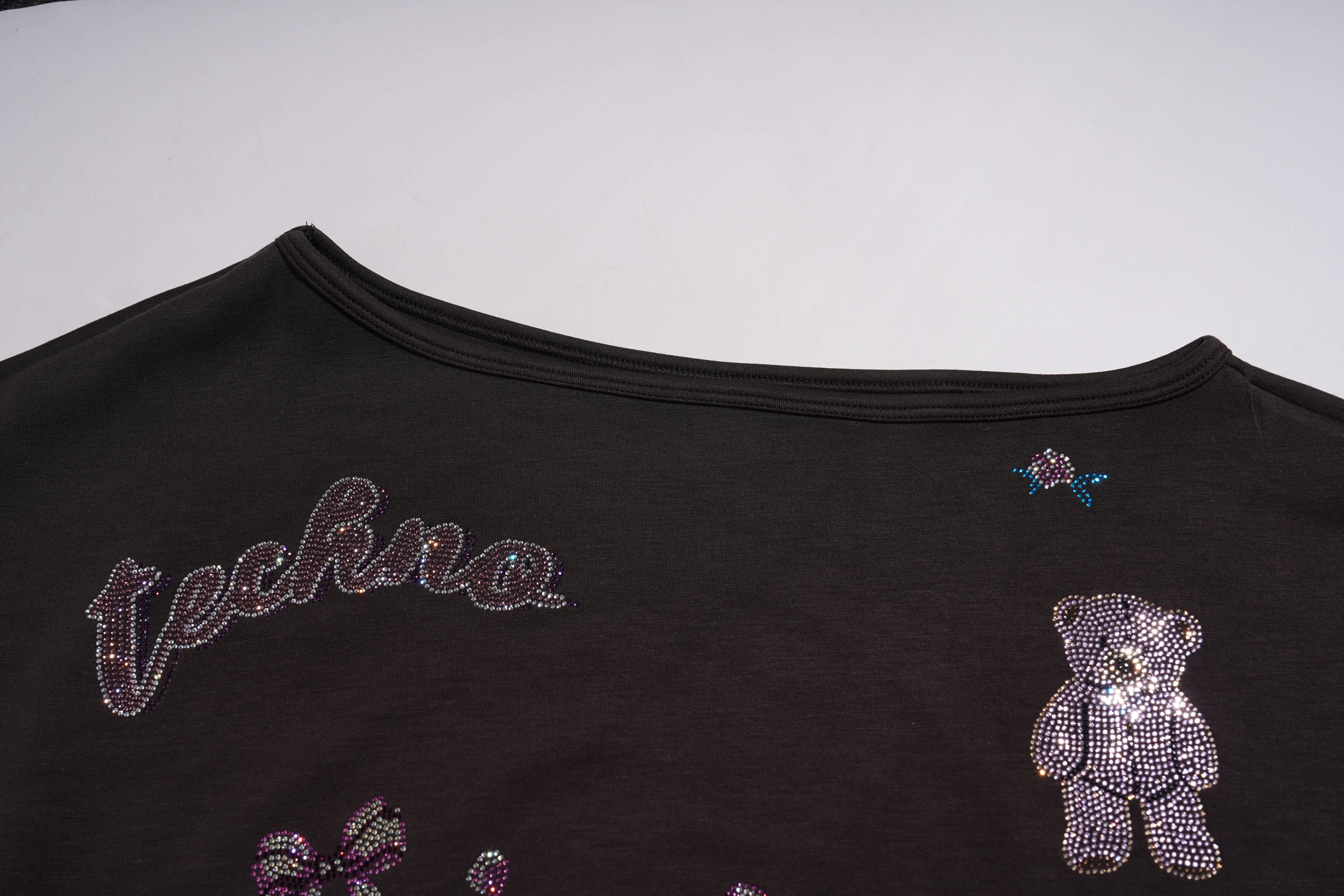 Black shirt with 'techno' text and teddy bear design on a white background, TCH Rhinestone Teddy Bear & Bow Set