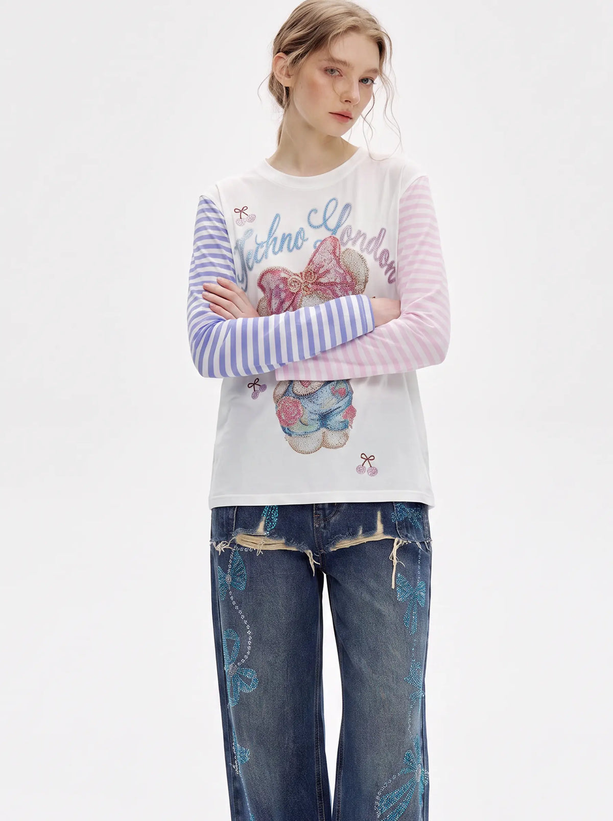 TCH Rhinestone Teddy Bear Graphic Striped Sleeve Long Sleeve Top Luxury Streetwear Brand Official Showcase