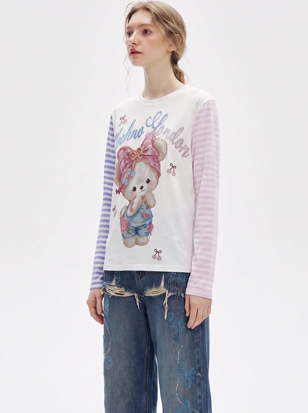 TCH Rhinestone Teddy Bear Graphic Striped Sleeve Long Sleeve Top Luxury Streetwear Brand Official Showcase