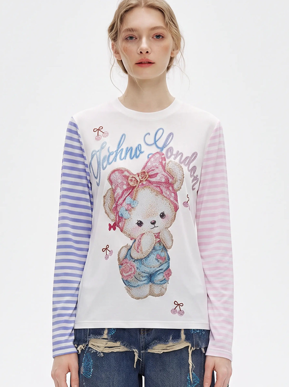 TCH Rhinestone Teddy Bear Graphic Striped Sleeve Long Sleeve Top Luxury Streetwear Brand Official Showcase
