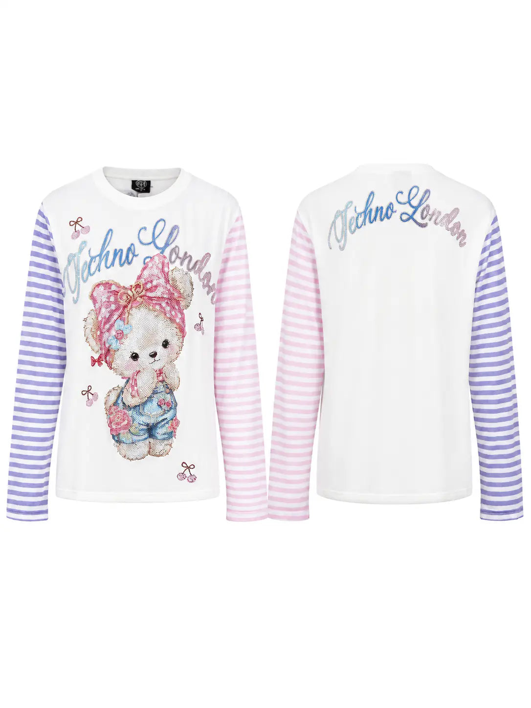 Front and back views of a white long-sleeve t-shirt by Techno London. The front features a cute teddy bear graphic with a pink bow and striped lavender sleeves. TCH Rhinestone Teddy Bear Graphic Striped Sleeve Long Sleeve Top