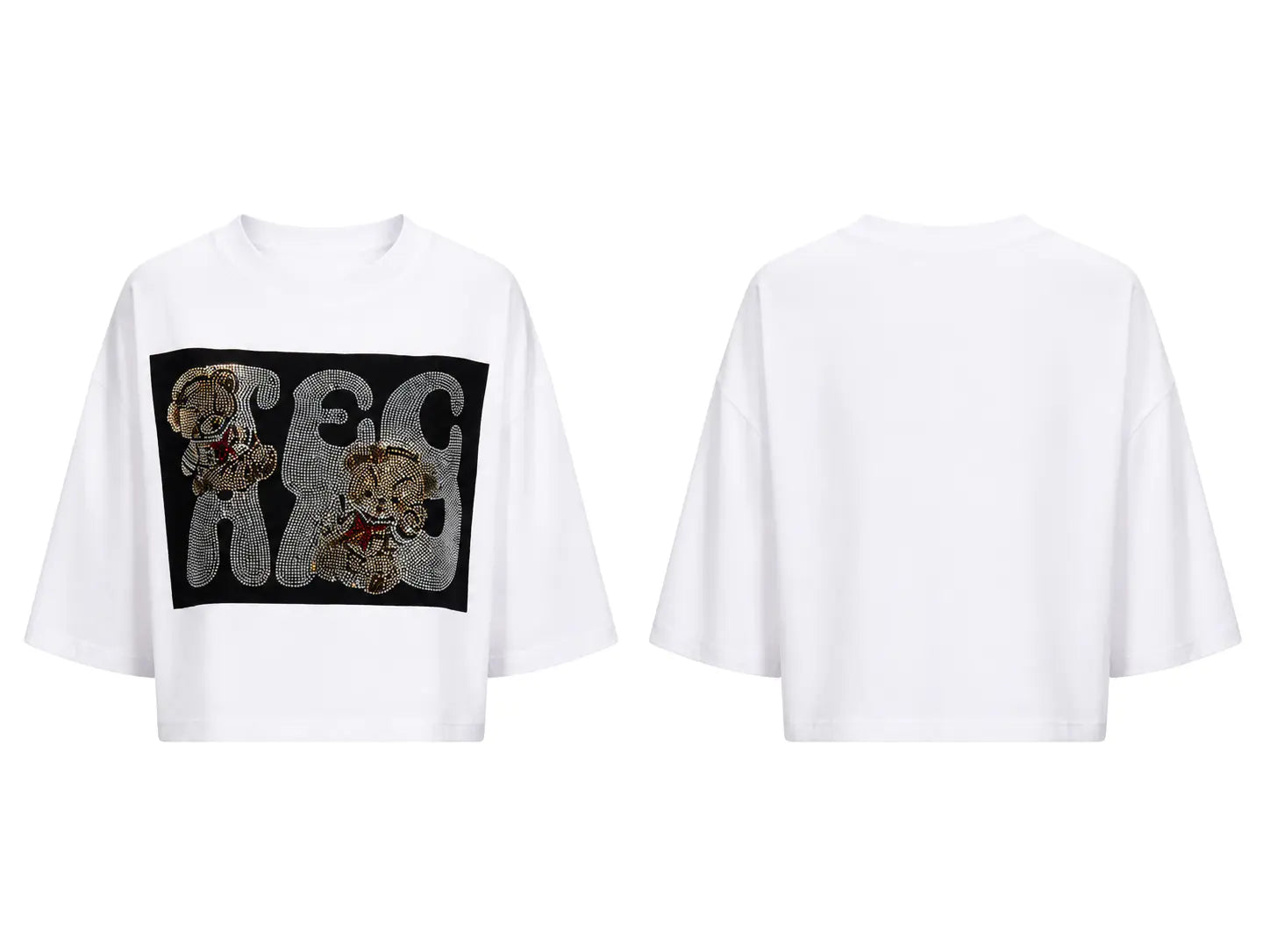White cropped short-sleeve T-shirt shown from the front and back. The front features a large black rectangular graphic with stylized gray letters and teddy bear illustrations. TCH Rhinestone Teddy Bear Graphic White T-Shirt