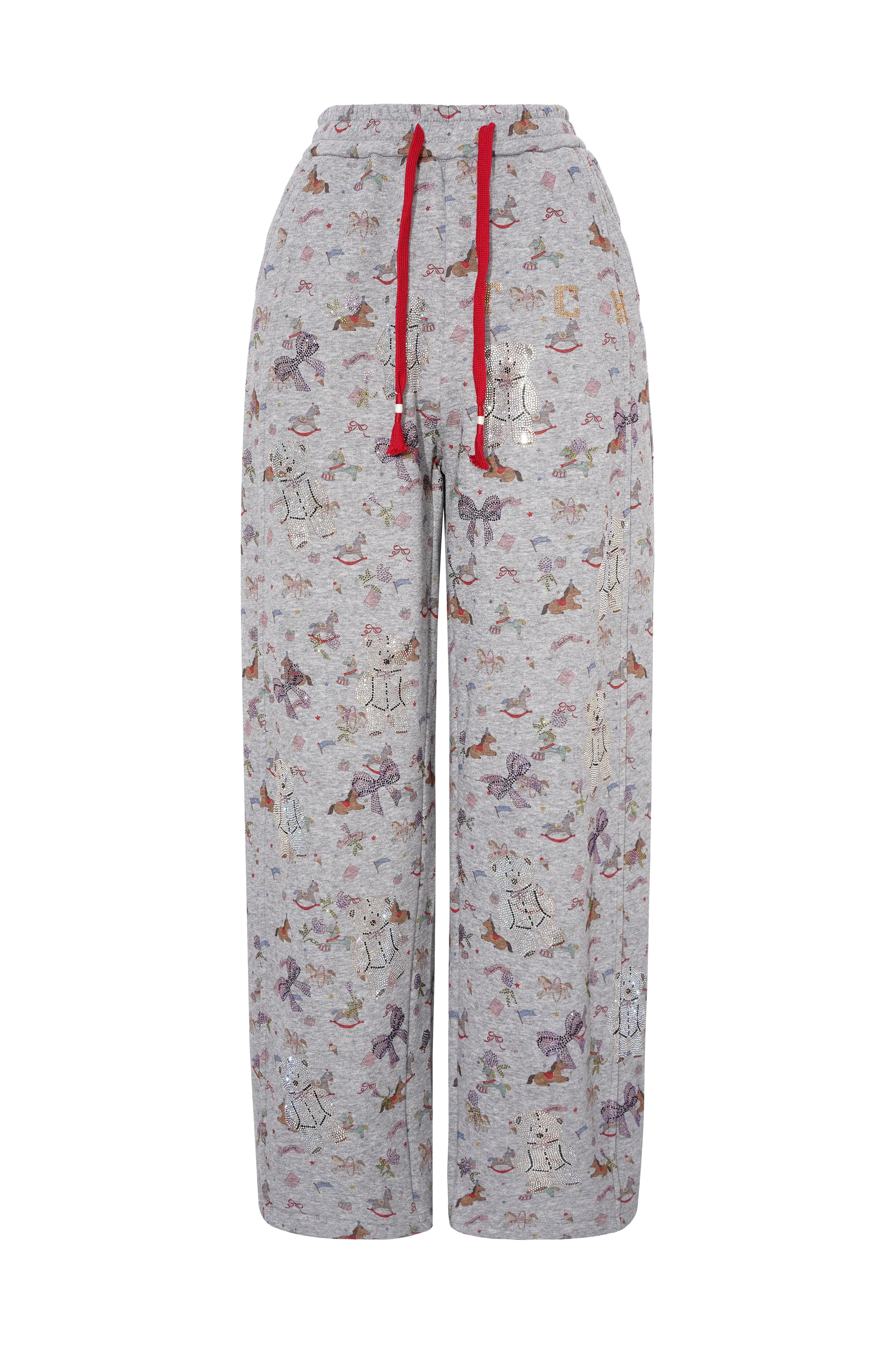 Patterned pants with red drawstring on a white background, TCH Rhinestone Teddy Bear Grey Printed Pants