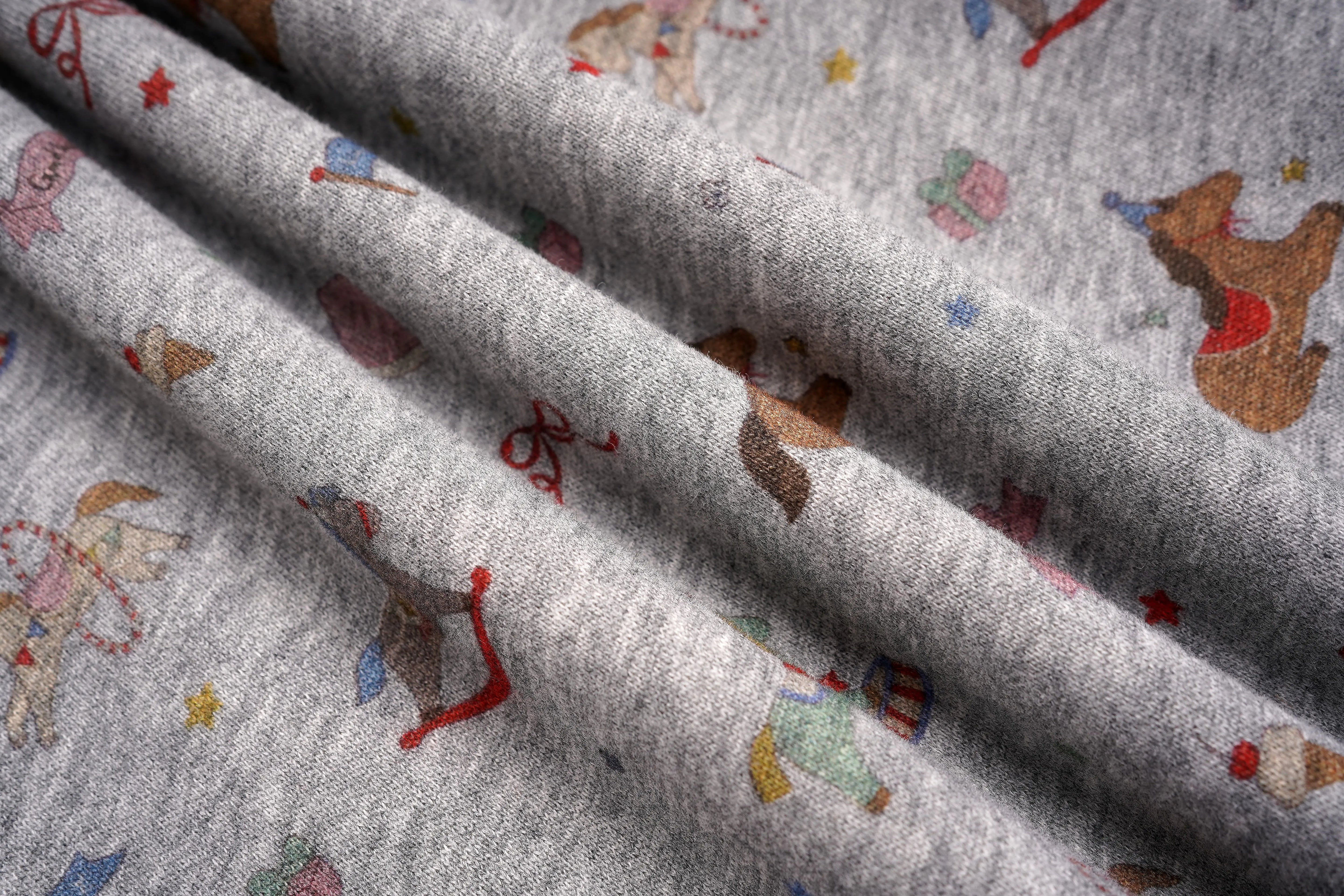 Textured fabric with small colorful patterns on a gray background, TCH Rhinestone Teddy Bear Grey Printed Pants