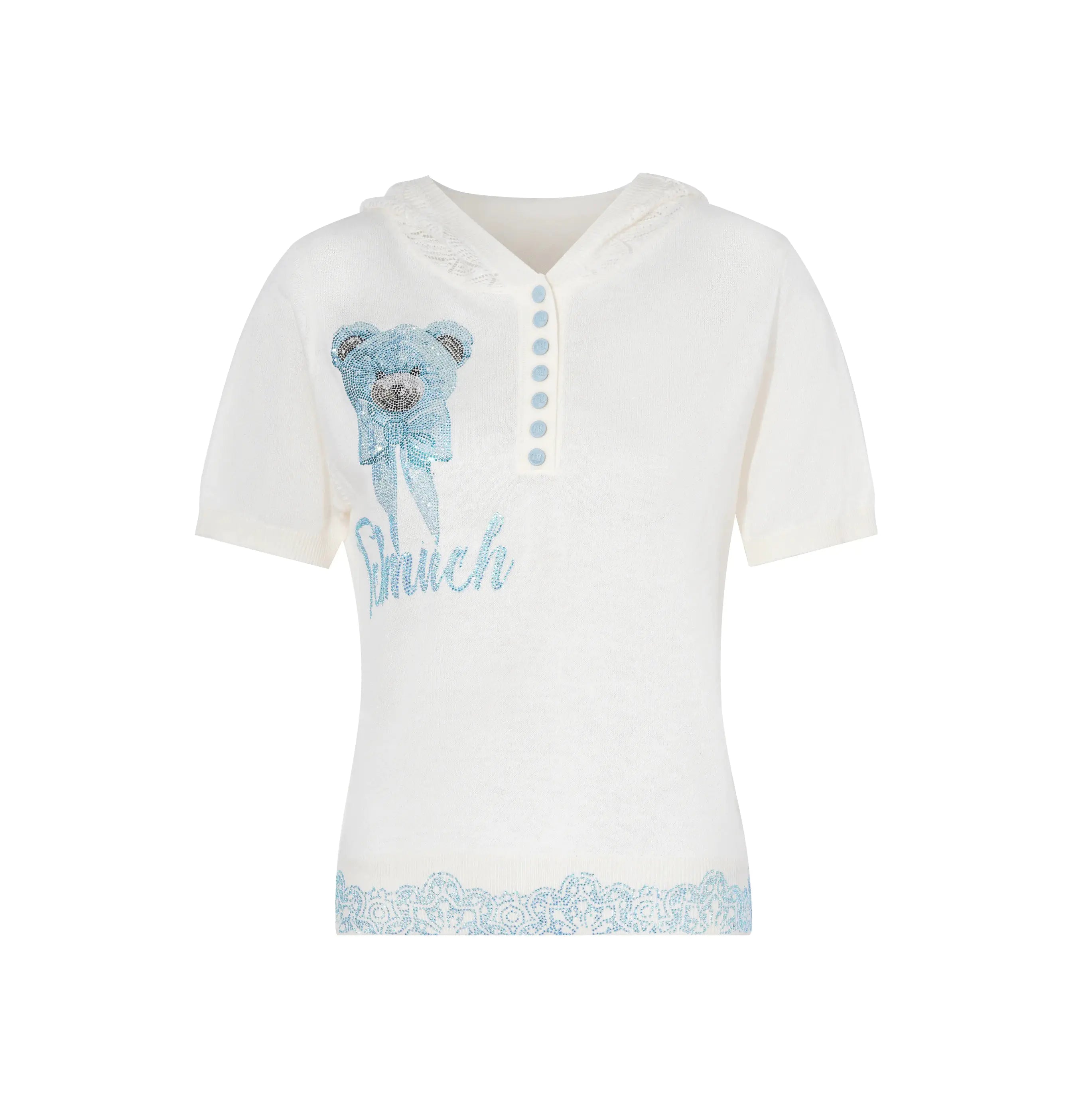 White hoodie with blue bear design and text on a white background, TCH Rhinestone Teddy Bear Hooded Knit Tee
