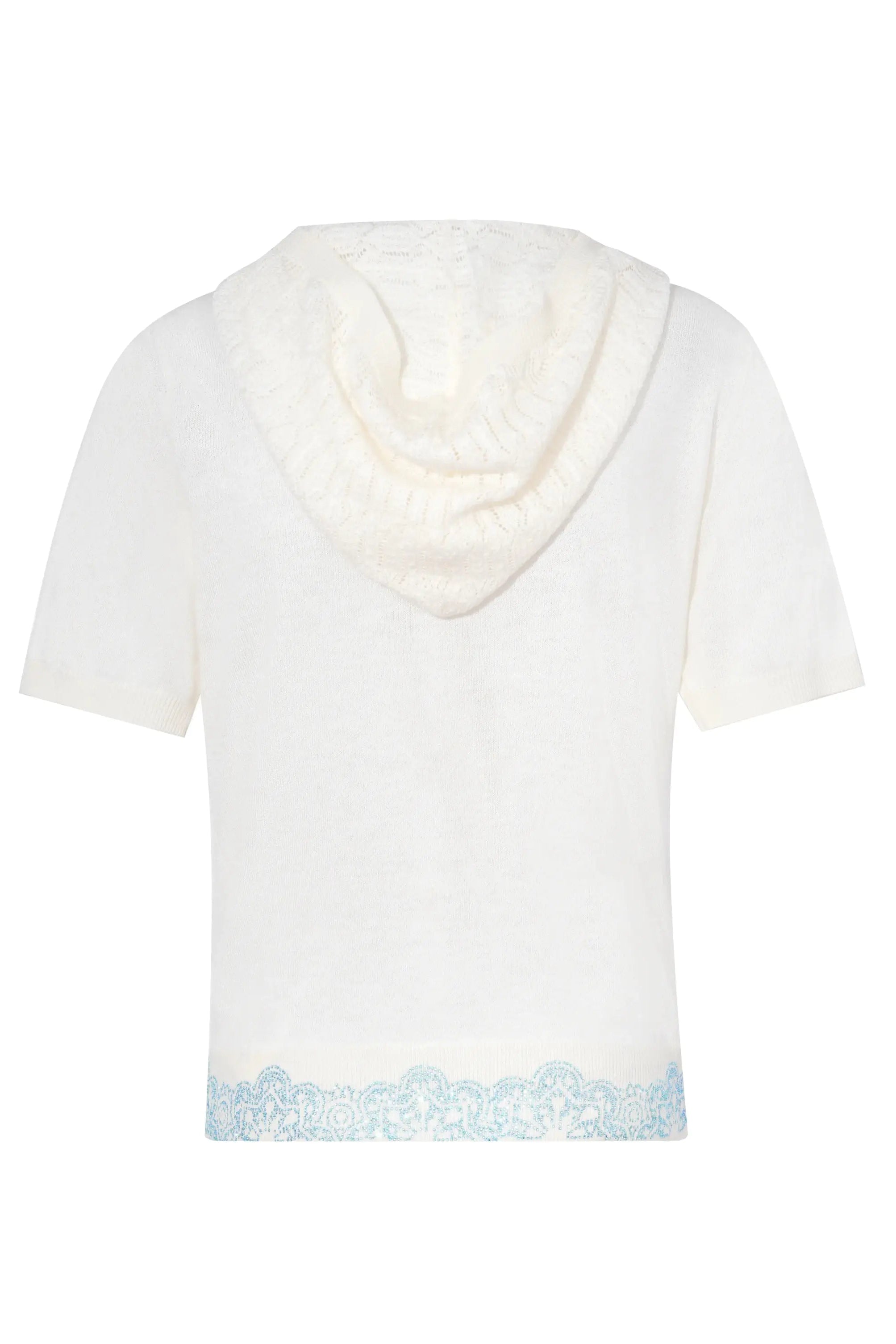 White t-shirt with lace trim on a white background, TCH Rhinestone Teddy Bear Hooded Knit Tee