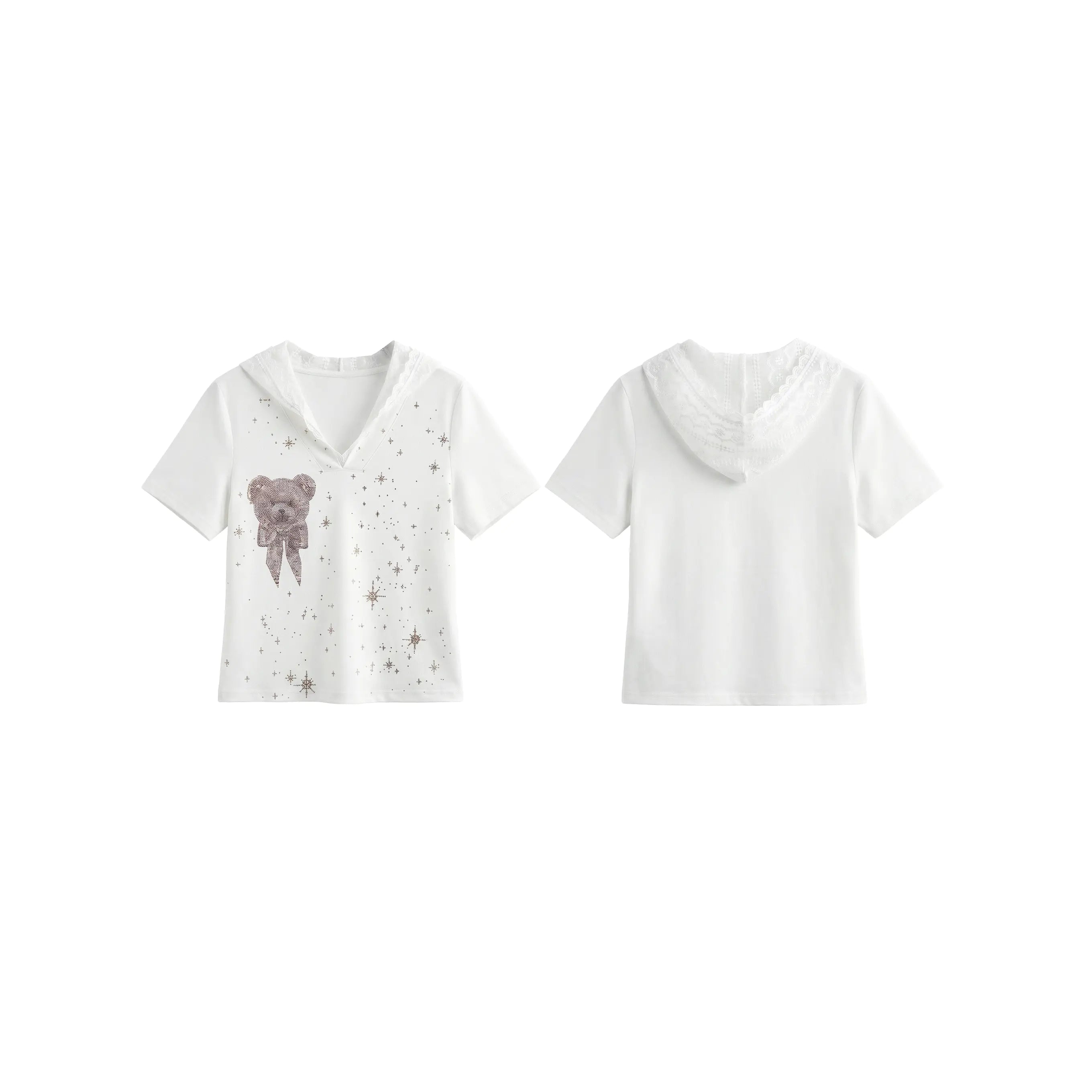 A white short-sleeve children's top shown from both front and back. The front features a V-neck, delicate lace trim, a small brown teddy bear graphic, and scattered glittery star details. TCH Rhinestone Teddy Bear Lace Hooded T-Shirt