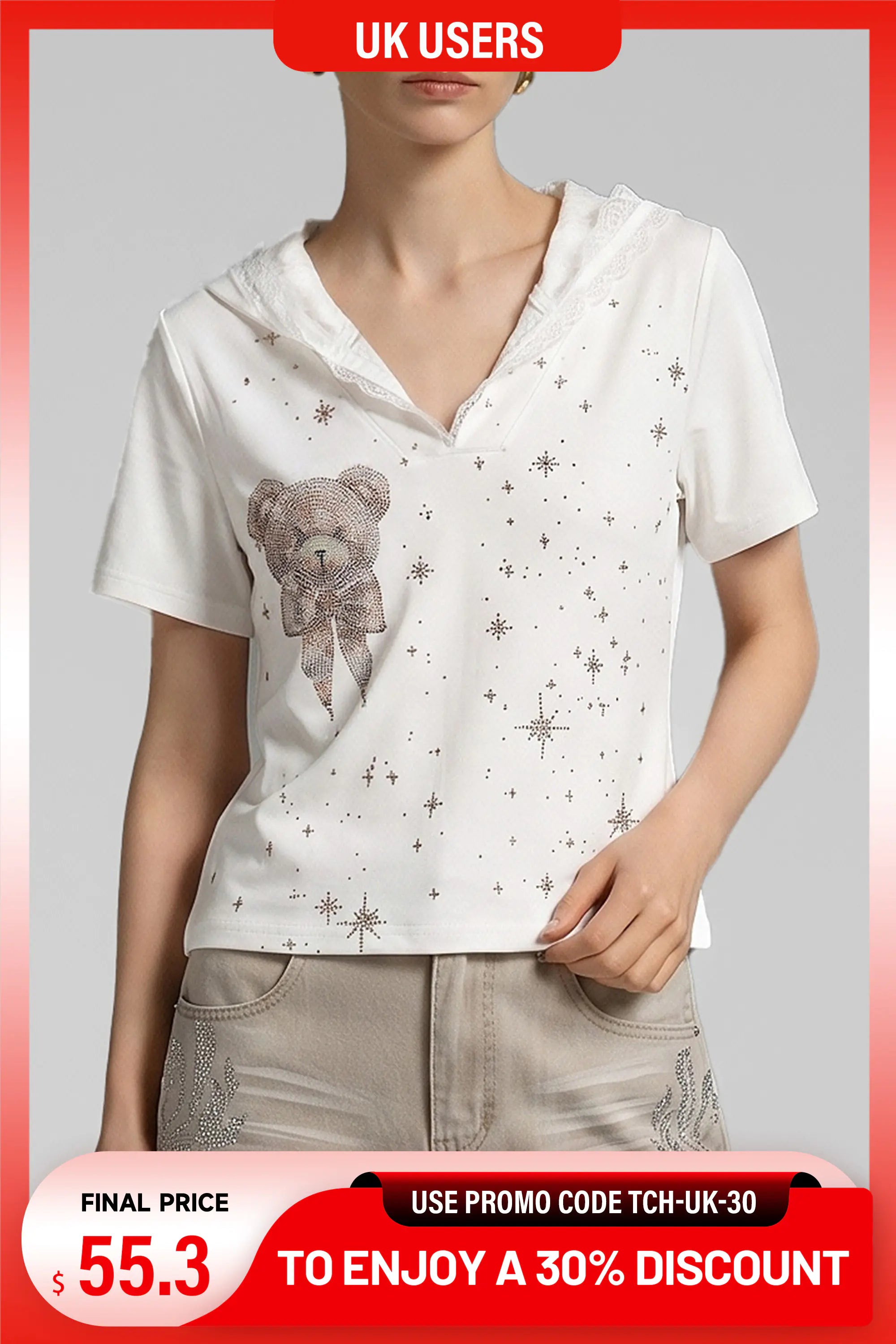 A woman wearing a white short-sleeve V-neck T-shirt with a teddy bear graphic and scattered star prints, paired with light beige jeans. The image has promotional overlays including a red banner at the top and a discount banner at the bottom. TCH Rhinestone Teddy Bear Lace Hooded T-Shirt