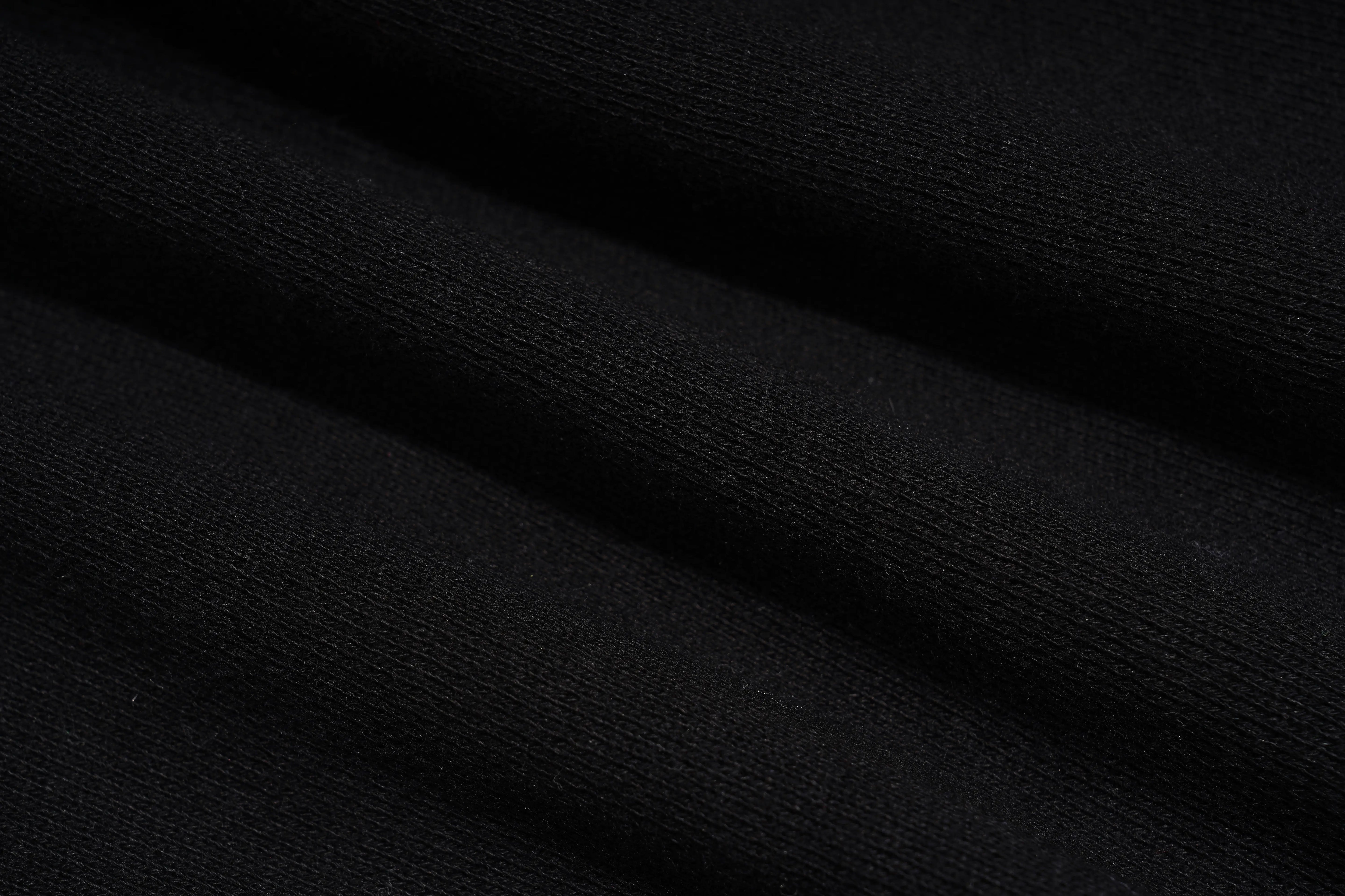 A close-up of black ribbed knit fabric with soft diagonal folds showing the texture and weave. TCH Rhinestone Teddy Bear London Graphic Black Jogger Pants