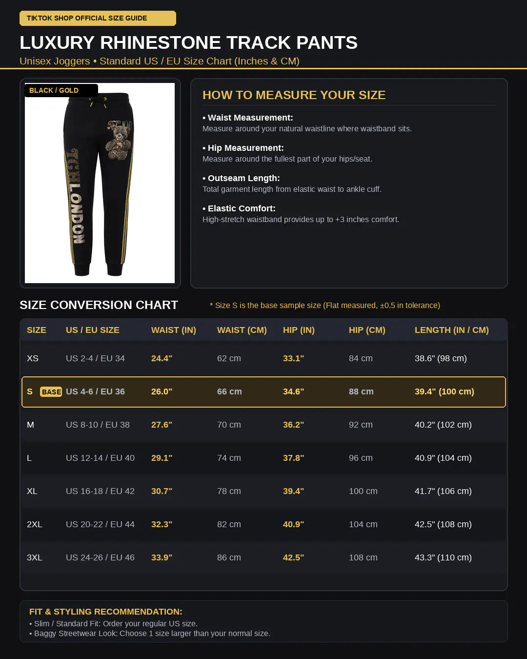 A dark informational product page for luxury rhinestone track pants, showing a small product thumbnail, sizing instructions, a size conversion chart, and fit/styling recommendations. This is not a clean product photo and not a person-in-environment lifestyle shot, so the best fit is Instruction Diagram rather than Product/Packaging. TCH Rhinestone Teddy Bear London Graphic Black Jogger Pants