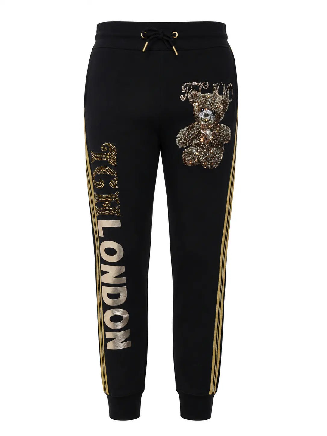 A black short-sleeve t-shirt with white sleeve panels and a highly detailed, ornate graphic on the front featuring a woman in a pink gown, green decorative lettering, and floral elements. TCH Rhinestone Teddy Bear London Graphic Black Jogger Pants