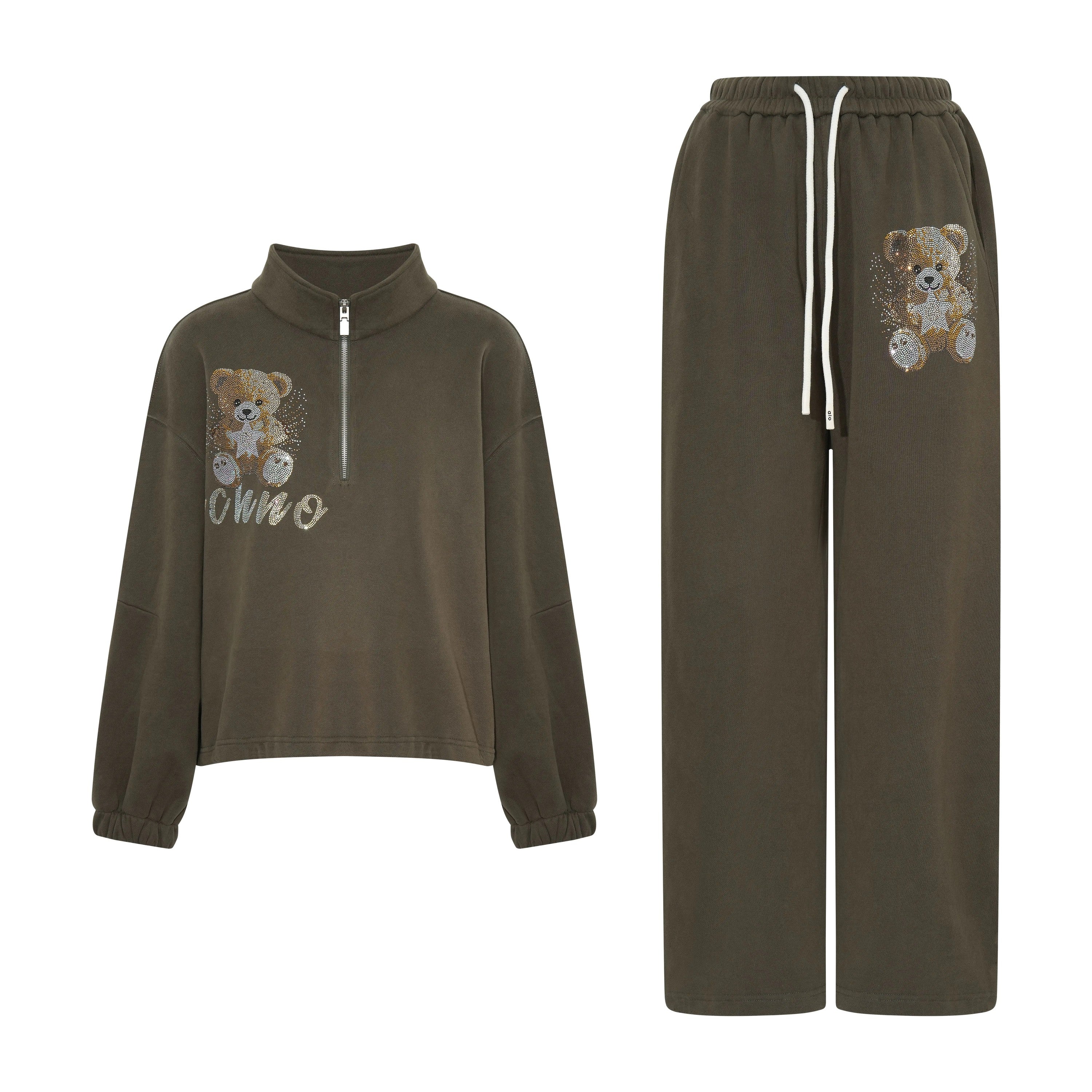 Brown tracksuit with teddy bear design on a white background, TCH Rhinestone Teddy Bear Military Green Zip Turtleneck Set