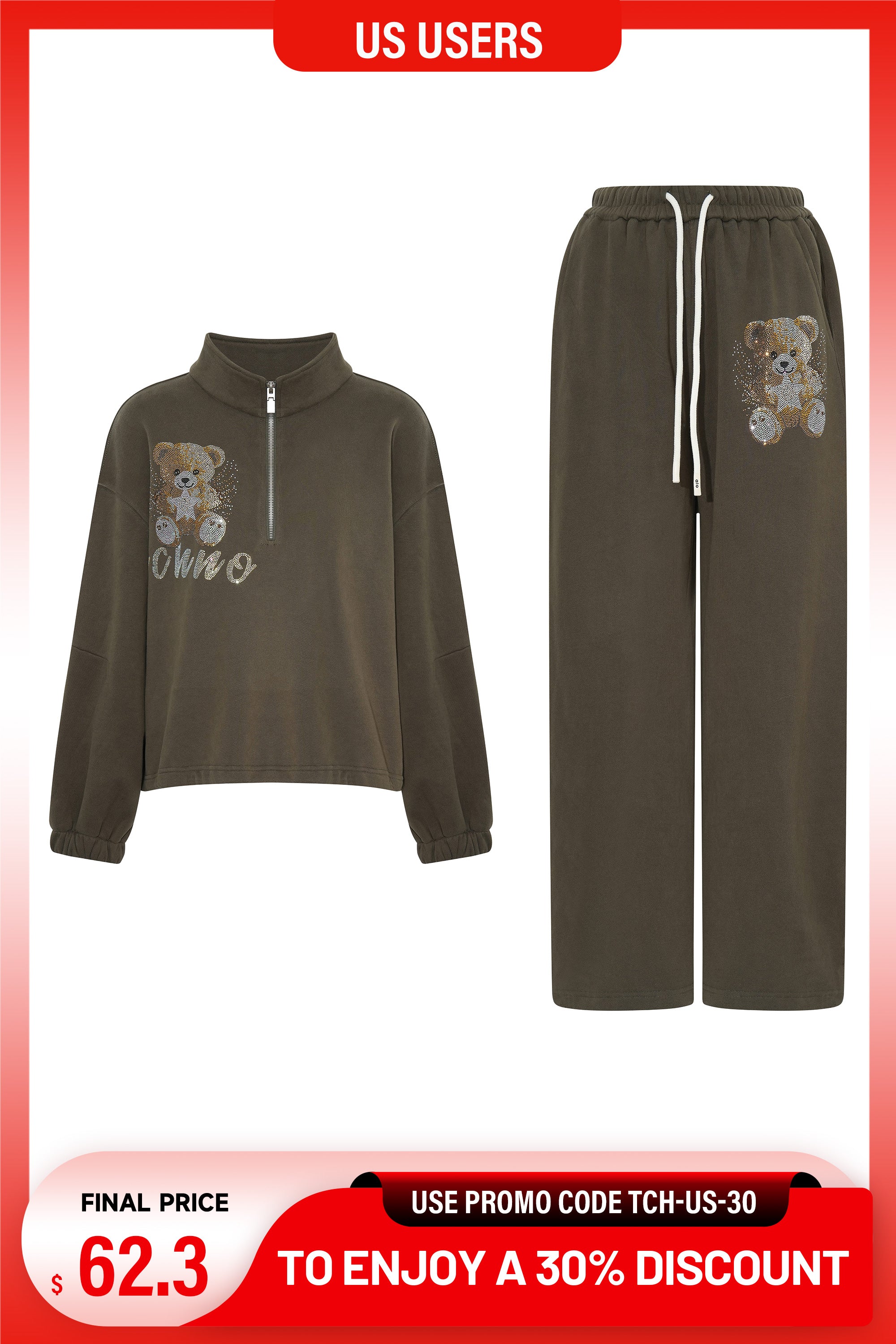 Purple tracksuit with floral embroidery on a gradient background, TCH Rhinestone Teddy Bear Military Green Zip Turtleneck Set