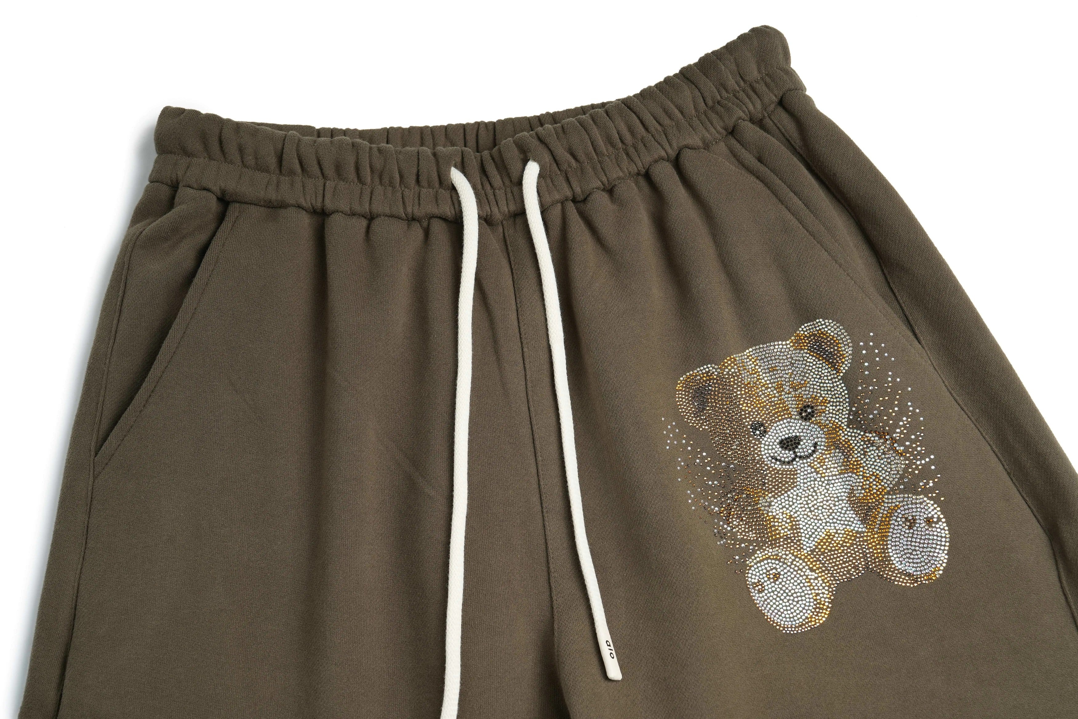 Brown shorts with a teddy bear design on a white background, TCH Rhinestone Teddy Bear Military Green Zip Turtleneck Set