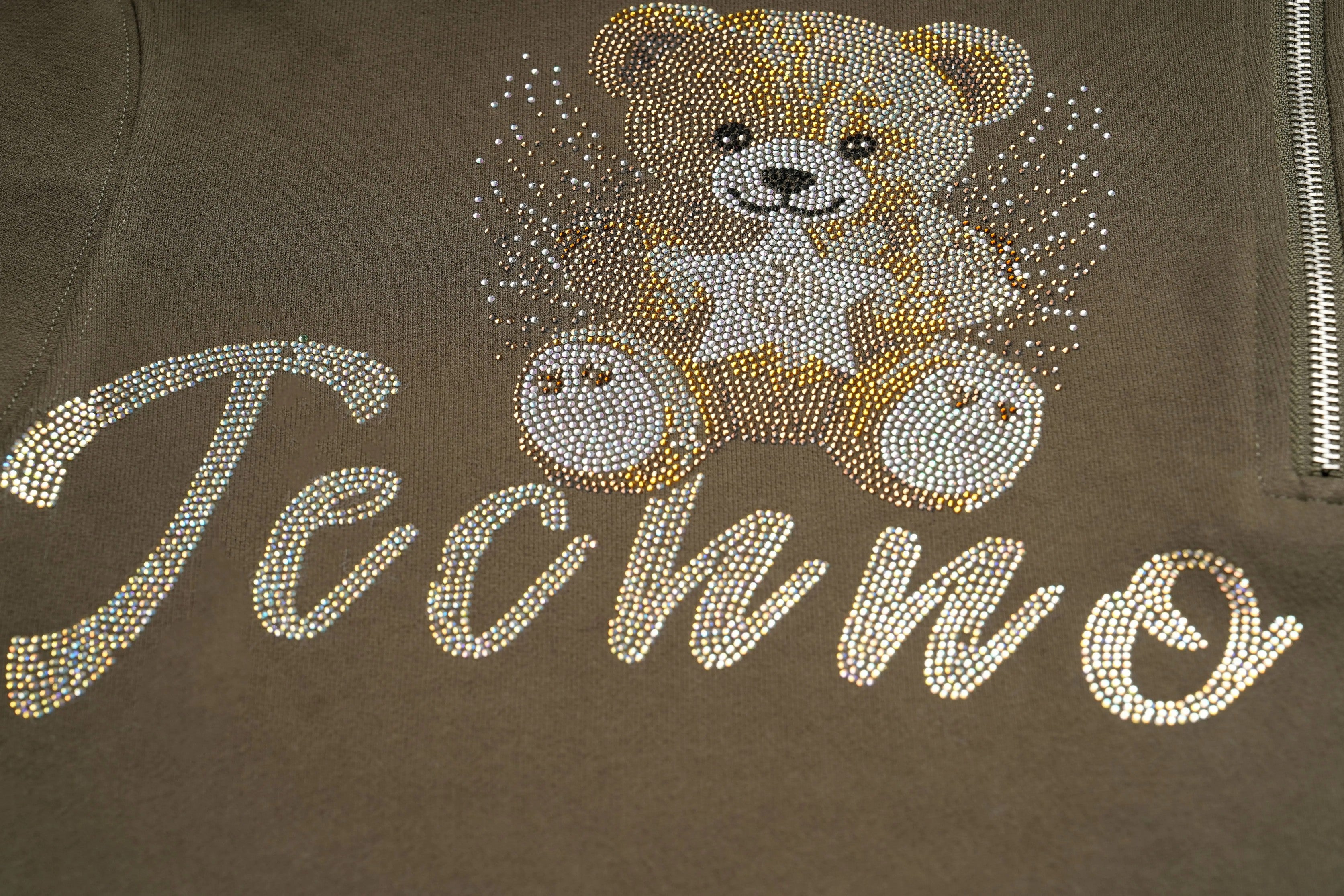 Brown jacket with teddy bear design and 'Techno' text on a dark background, TCH Rhinestone Teddy Bear Military Green Zip Turtleneck Set