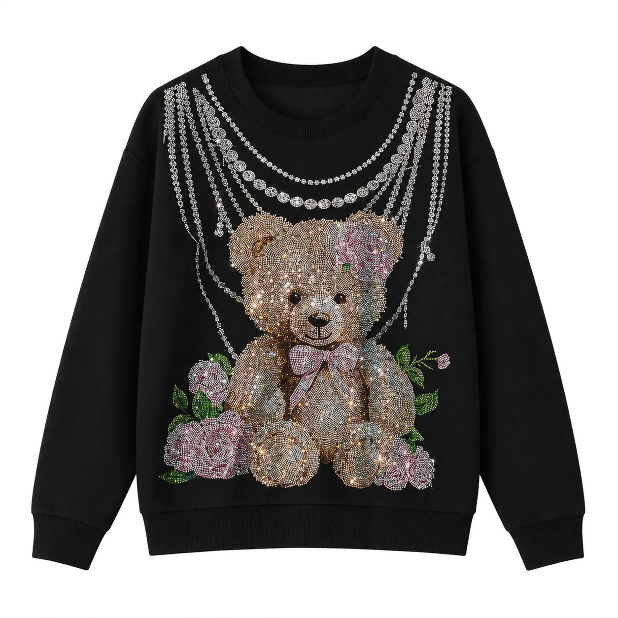 A black long-sleeve sweatshirt featuring a large sequined teddy bear graphic on the front, decorated with pink flowers, a pink bow, and silver rhinestone necklace details. TCH Rhinestone Teddy Bear Pearl Chain Graphic Sweatshirt