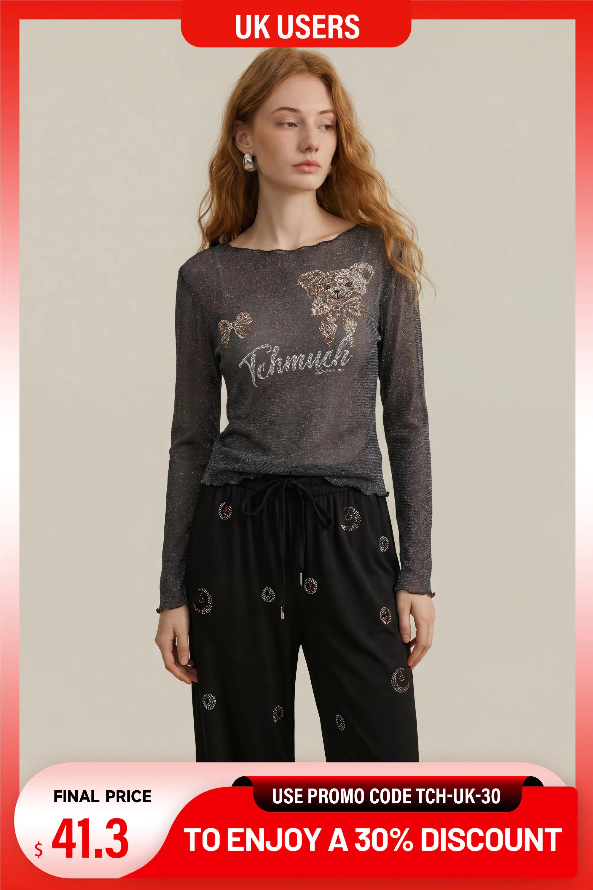 A model wearing a dark gray long-sleeve t-shirt with a teddy bear graphic and the word 'Schmuchi' on the front, paired with black pants featuring circular patterns. The image has promotional overlays for UK users, showing a final price of 41. TCH Rhinestone Teddy Bear Sheer Mesh Long Sleeve Top