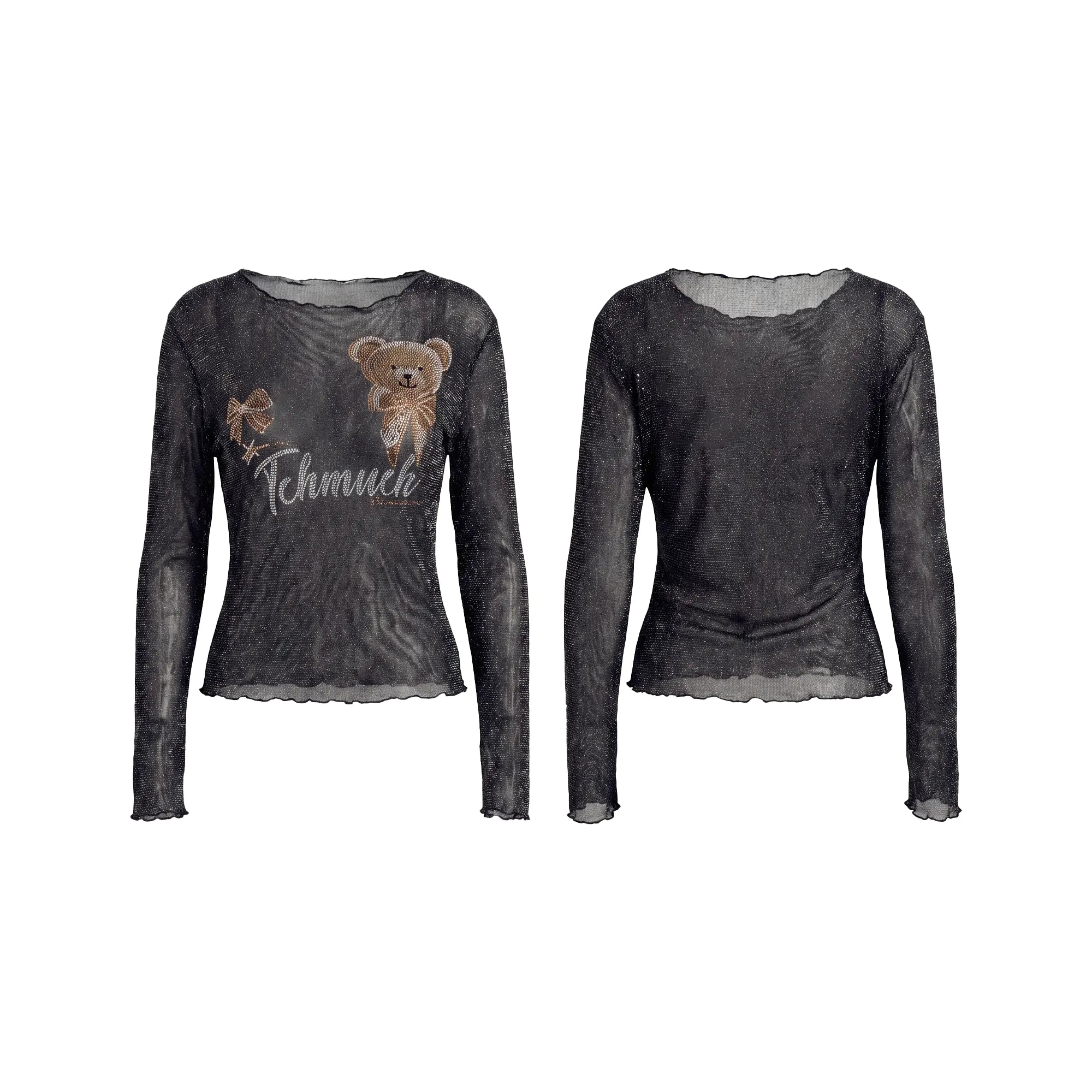 Two views of a women's long-sleeve top in a washed black or charcoal gray color. The left view shows a graphic of a brown bear and the word 'Schmuck' in white script across the chest. TCH Rhinestone Teddy Bear Sheer Mesh Long Sleeve Top