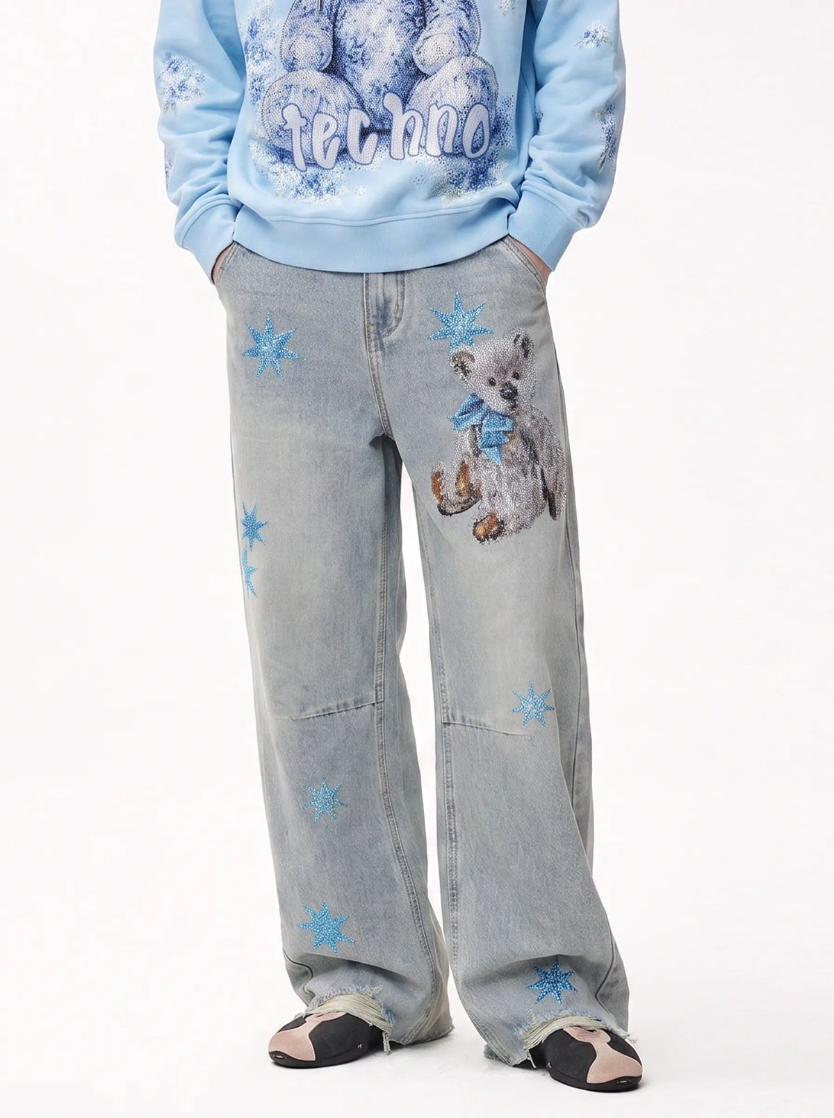 TCH Rhinestone Teddy Bear Star Wide-Leg Jeans