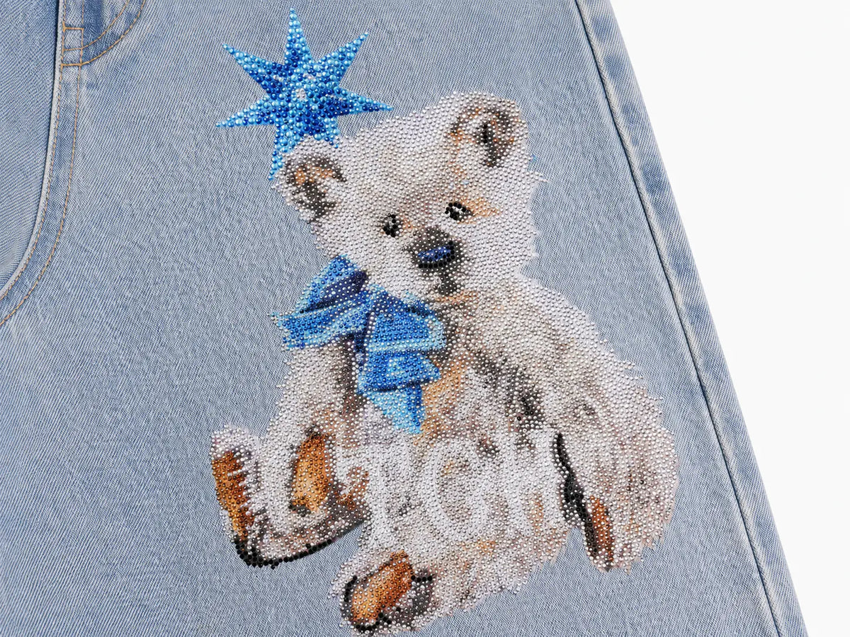 TCH Rhinestone Teddy Bear Star Wide-Leg Jeans
