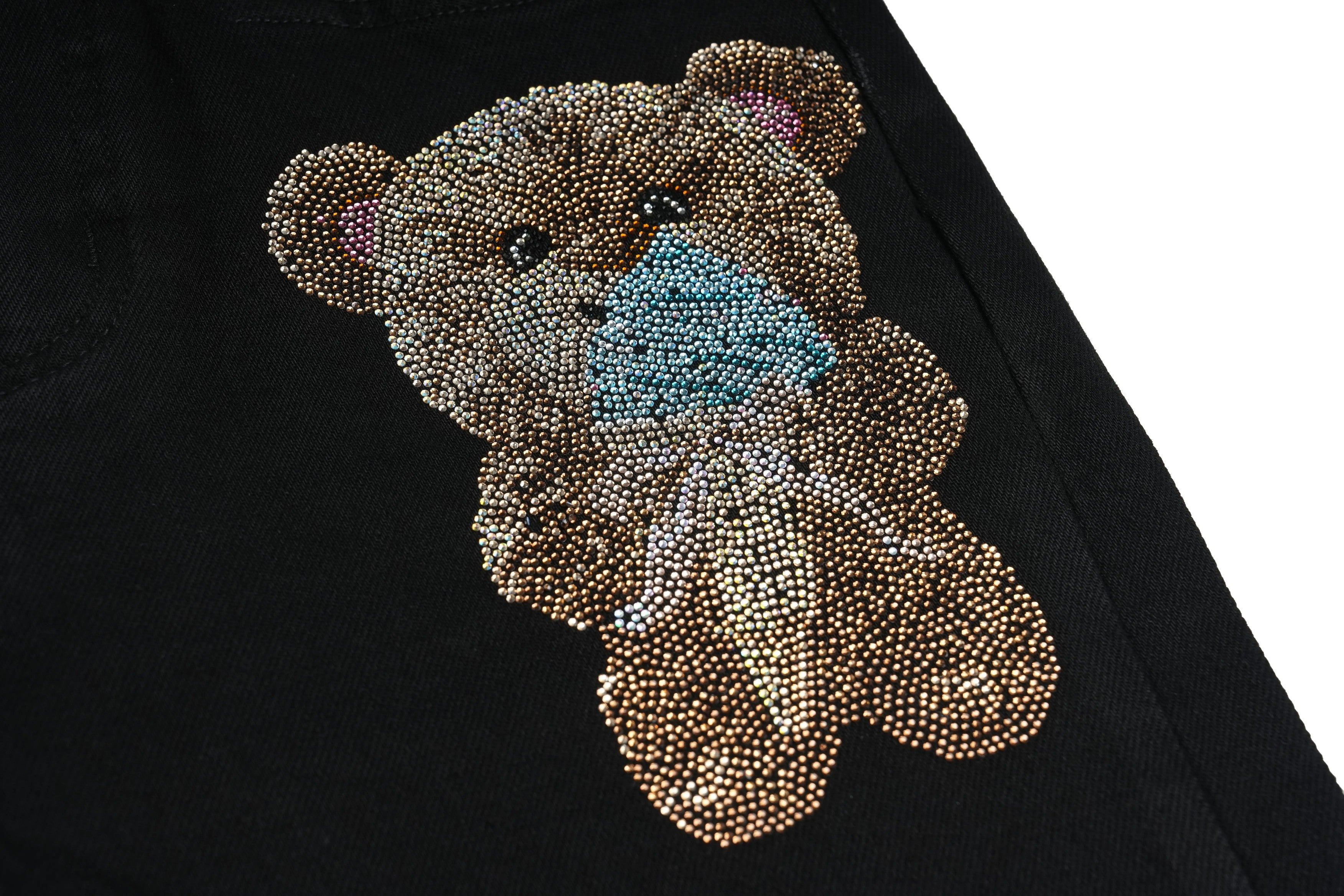 Teddy bear design made of rhinestones on a black background, TCH Rhinestone Teddy Bear & Techno Black Denim Jeans