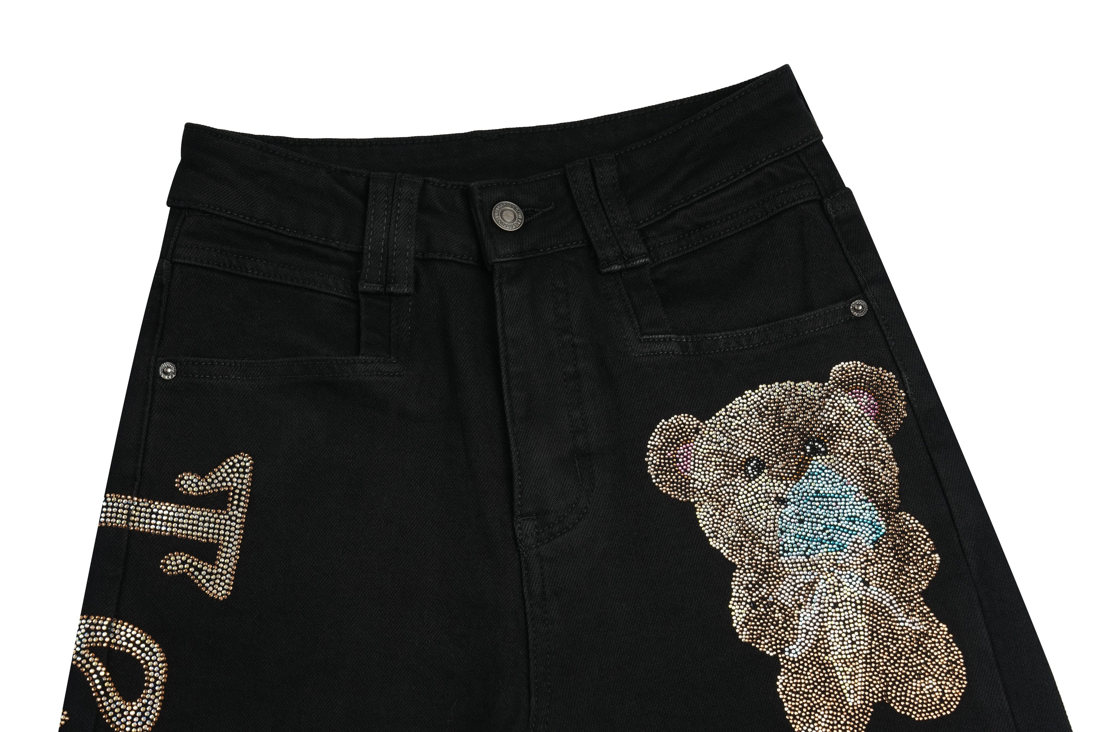 Black denim skirt with teddy bear and heart patch on a white background, TCH Rhinestone Teddy Bear & Techno Black Denim Jeans